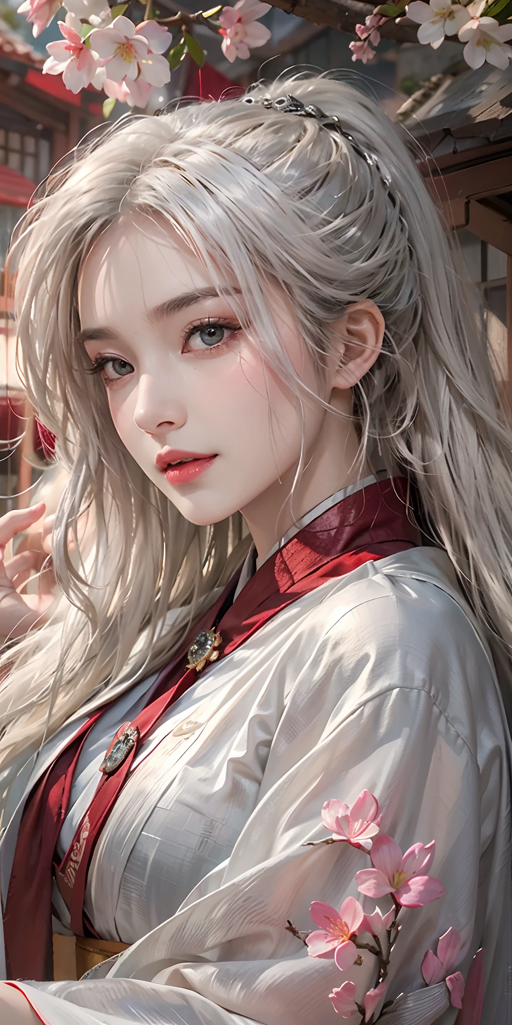 photorealistic, high resolution, soft light,1women, solo, hips up, shining skin, (detailed face),tattoo, jewelry, hanfu, cloak, cherry blossom, night, white wavy hair, Beautiful Soldier, Eyes That Invite Viewer, Lover's Perspective, Inviting Expression, Sexy Smile, Perfect Style, Perfect Balance, Detailed Skin, Naughty Gaze, Chest Visible