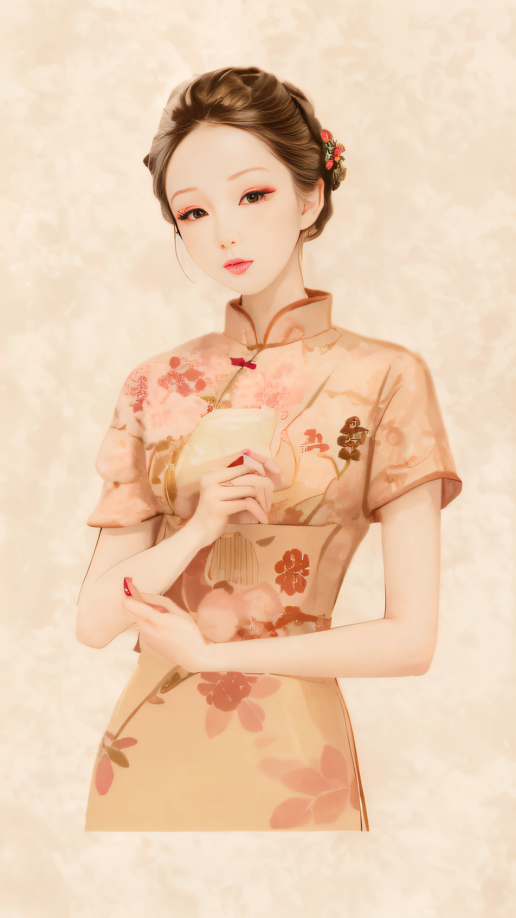 A painting of a woman holding a fan and a fan, Cheongsam, Republican style, Chinese watercolor style, Chinese style painting, Elegant lady, inspired by Yun Shouping, elegant japanese woman, Cheongsam beauty , Chinese woman, Wearing ancient Chinese clothes, Chinese painting style, inspired by Xie Huan, author:Mei Qing, inspired by Jiao Bingzhen, Chinese girl, The beauty of the Republic of China, Slender hand holding a fan