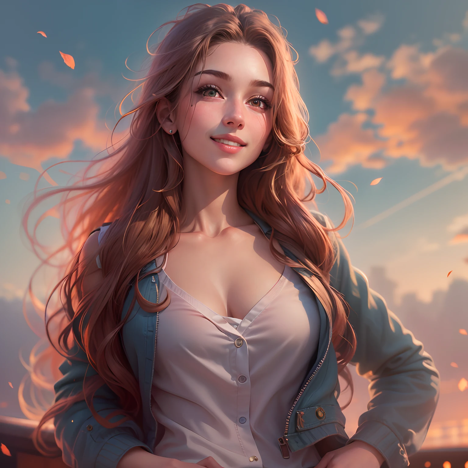 (8k, Best Quality, Masterpiece: 1.2), (Realistic, Realistic:1.37), Ultra Detailed, 1 Girl, Cute, Solo, Beautiful Detailed Sky, Dating, (Nose Red), (Smile: 1.15), (Shut Up) Small Breasts, Beautiful Delicate Eyes, (Long Hair: 1.2), Flowing Hair NovaFrogStyle, Upper body, Vest