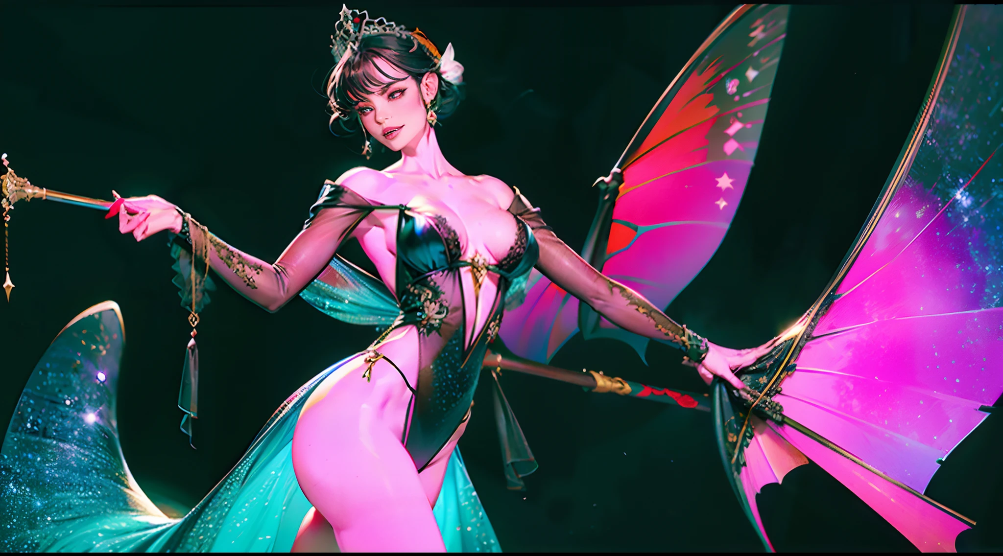In illustrations of this super grand scene,We enjoyed a fascinating sight,Various scenarios of the multiverse come together。Beneath this intoxicating exterior,We see a mysterious vampire princess,She wore a black robe,Disheveled clothes,Graceful,Dance on the water。Her dancing magic keeps her costumes constantly changing,Blend in with the beauty of your surroundings,Add an unpredictable charm to the whole scene。The dance of the vampire princess is intoxicating,Her rainbow bat wings fluttered behind her like a flying carpet。This wing consists of different styles、colours、Made of small parts of material and style,The tail is long and beautiful。Her dance trajectory is accompanied by a glare effect of neon lights and magical stars,Blend in with your surroundings,Create a stimulating atmosphere for the senses。The vampire princess is tall,Big bang curve,Her facial features are full of seductive sexiness。Her appearance included an overnight stay、Narrowing of the sternum、(Huge red eyes like gemstones:1.99)、Charming face、The evil crazy smile reveals the cute little tiger teeth、Makeup、Slender neck、Beauty collarbone、Slender arms、Slender waist and abdomen、Sexy butterfly buttocks and slender long legs,Display attractive curves and lines。Use Midjourney's advanced brush tools、Color palettes and texture packs,We are the skin of the vampire princess、Costumes and bat wings give intricate textures,Added realism。Her costume and cloak are a mixture of different materials,Displays various styles,From evening dresses to princess dresses,Then there are bikinis and tulle,Creativity and fashion。The whole scene is also full of dreamy elements,The starry sky is full of futuristic technology,There are towering cities in the ground,There are long beaches and small islands on the sea,Plants and fairy tale mythological scenes are intertwined。The Vampire Princess's dance moves echo the environmental elements,Be creative。Powerful tools halfway,We approached it in incredible detail,Bring this grand and