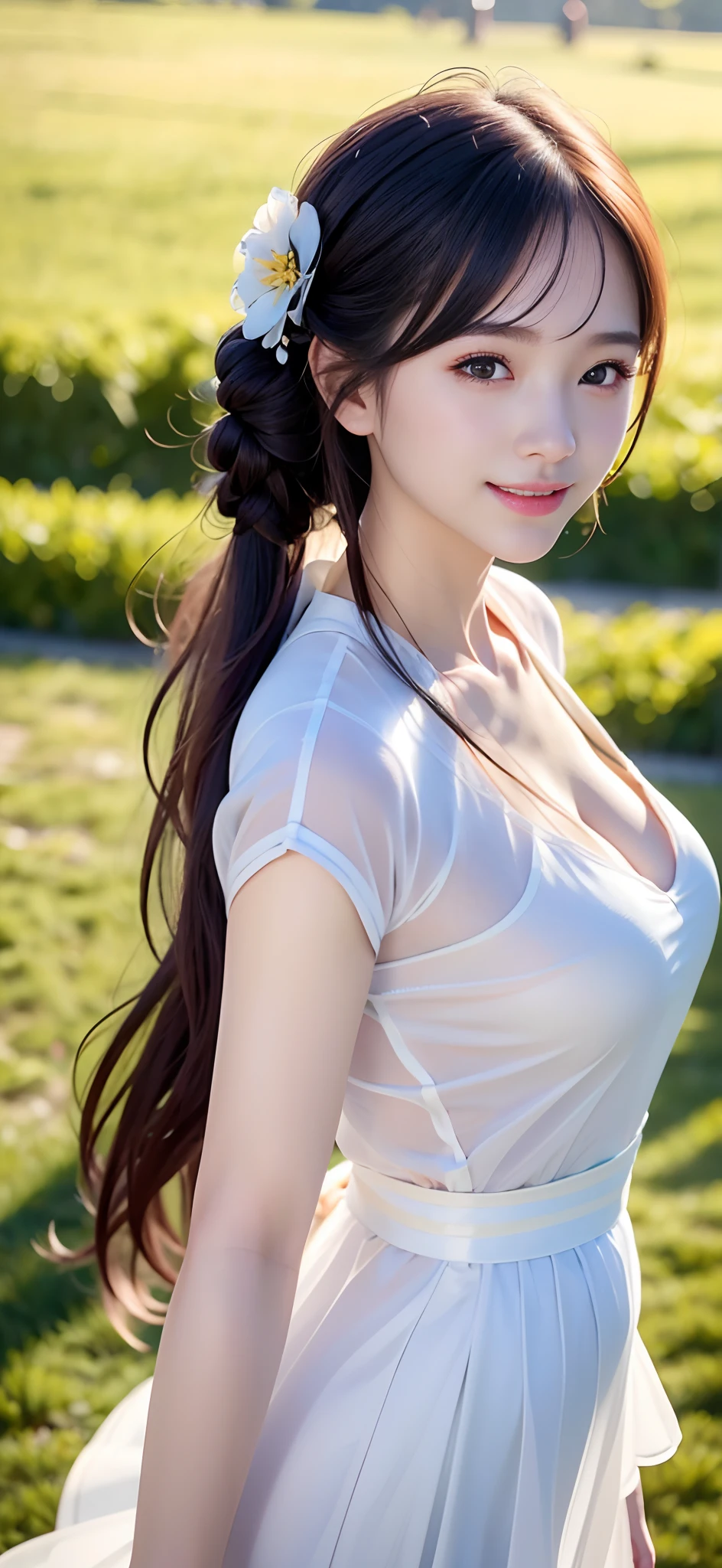 18-year-old smiling female classmate，（best qualtiy，8K，tmasterpiece:1.3），Goose egg face，largeeyes，long eyelasher，Exquisite（live-action realistic style），Star-like eyes，Ultimate face，Photorealistic light and shadow，Clear facial features，Milky white skin，Fair skin， highdetailskin， Realistic skin details， Visible Pore，（Super detail），（perfect bodies：1.1），Two braids，Hanfu，Ribbons，（dynamicposes），((Dynamic background((volumettic light：1.3)) ，grassy fields，school ground