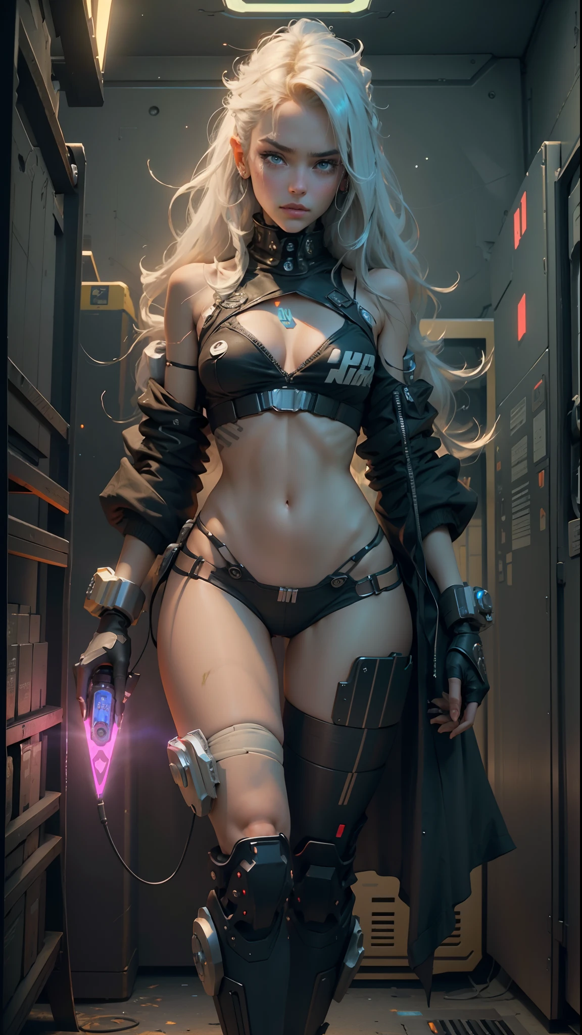 Control girl with cyberpunk prosthesis in single panties， long whitr hair， cleavage，Inside the spaceship， in the style of futuristic， sci-fy， ultra - detailed， The laser is in the center， Laser from the sky， Energy clot， Photorealsitic， ultra-realistic realism， Accelerate， Light flash， velocity， painting of a， 8K， k hd， Hyper-Resolution， cinematic ligh， Long exposure， 8K， k hd， Hyper-Resolution， laser