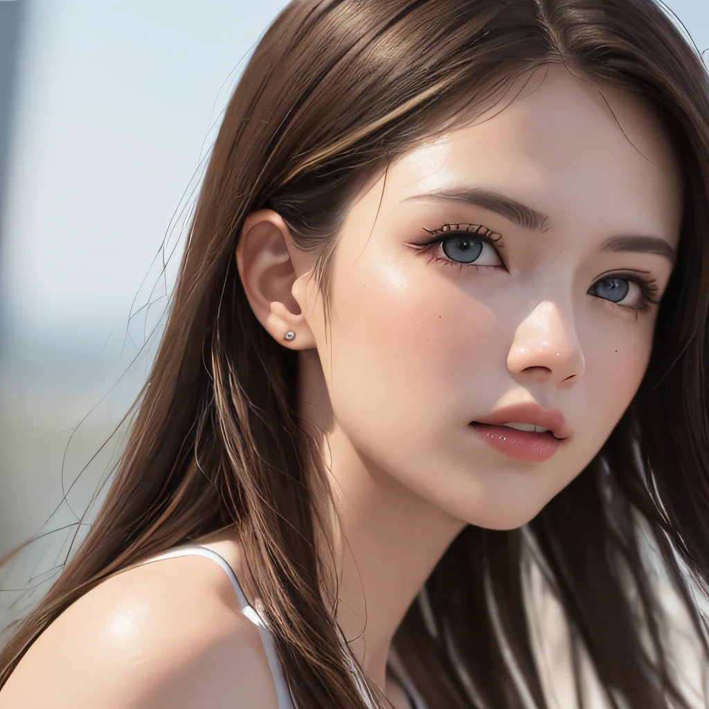 (8K, RAW Photos, of the highest quality, Masterpieces: 1.2), (Realistic, Photorealistic: 1.37), Highest Quality, Ultra High Resolution, light  leaks, Dynamic lighting, Slim and smooth skin, (Full body:1.3), (Soft Saturation: 1.6), (Fair skin: 1.2), (Glossy skin: 1.1), Oiled skin, 22 years old, Night, shiny white blonde, Well-formed, Hair fluttering in the wind, Close-up shot of face only, Physically Based Rendering, From multiple angles, The bikini