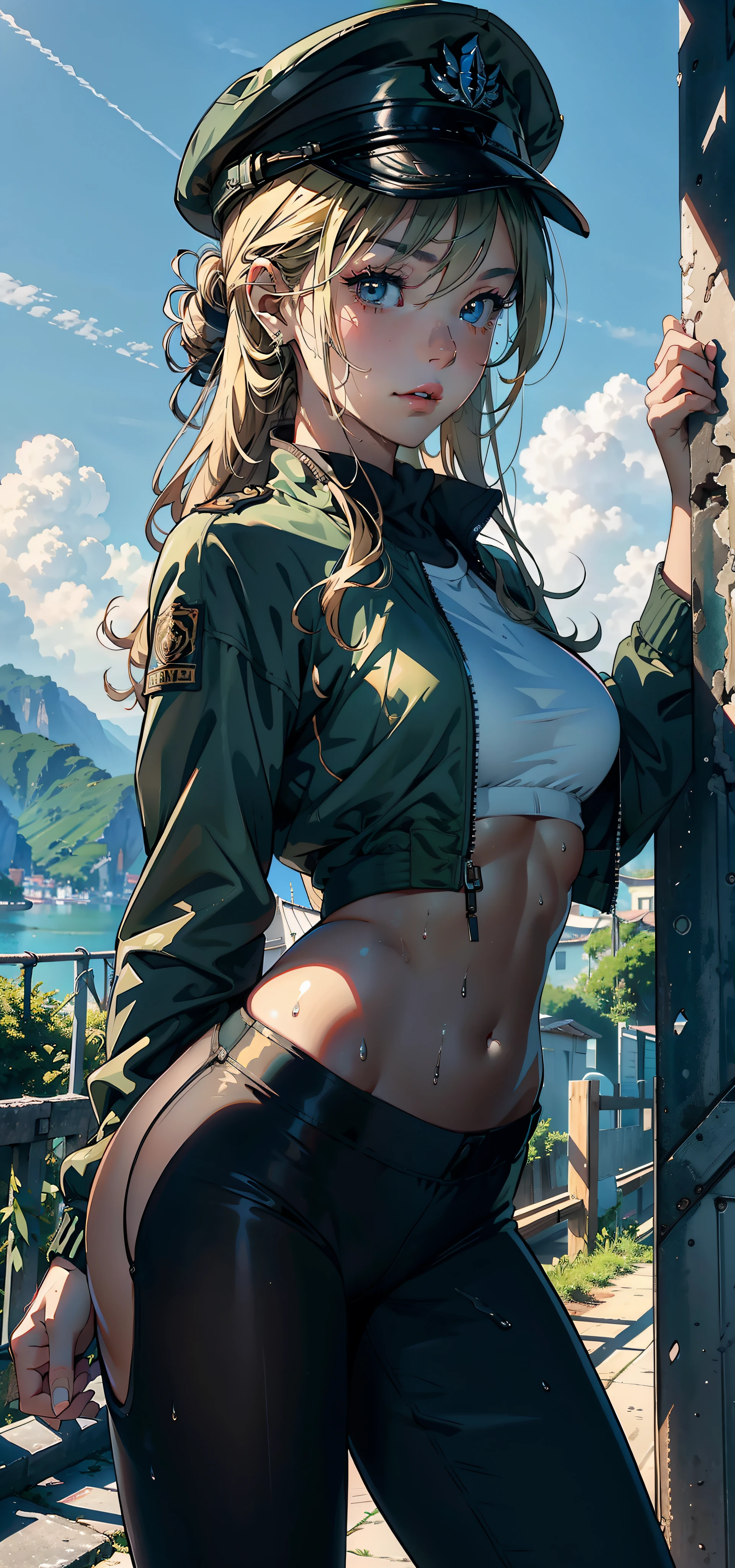 1female,,teenrl,smallunderboob,Pornographic exposure, 独奏,(Background with:hilltop,rainforests,in summer,exteriors) Casual blonde hairstyle,Stride,Sweat profusely,drenched all over the body,seen from the front , mostly cloudy sky,(((tmasterpiece),(Very detailed CG unity 8K wallpaper),best qualtiy,cinmatic lighting,detailed back ground,beatiful detailed eyes,Bright pupils,(Very fine and beautiful),(Beautiful and detailed eye description),ultra - detailed,tmasterpiece,)),face to the viewer,frontage,A high resolution,ultra - detailed)nakeness,Wipe off panties,revealing breasts,Bare genitalia, Bulge,Camel toes,Raised sexy,Lewd expression,Flushed complexion,Open-mouthed,frontage,military hat,(Wearing:green colored bomber jacket,Black pantyhose)athletic sneakers