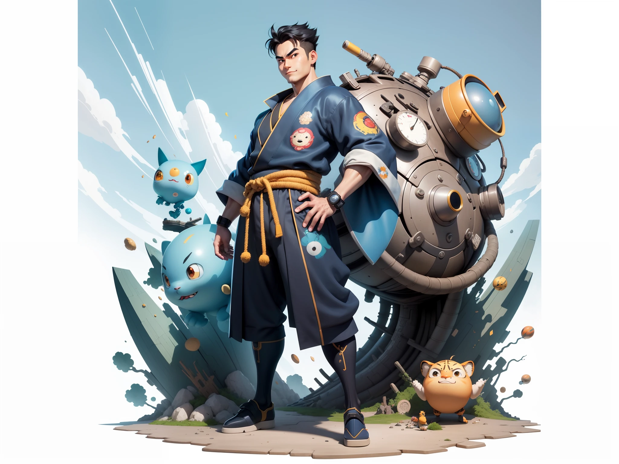 (Masterpiece), (Excellent), (Super Meticulous), (Full Body: 1.2), Super Young Man, Oriental Face, Japanese Kimono, Japanese Wind Thunder God, Dragon, Tiger, TV Anchor, Bust Portrait Illustration, Alone, Black Suit, Blue Tie, Slightly Chubby Face, Very Clean Face, No Beard, Black Super Short Hair, Black Eyes, Confident Smile, 3c Computer Sub-Products, iPad, iPhone, Digital Painting, 3D Character Design by Akira Toriyama and Mark Claireden and Pixar and Hayao Miyazaki, The illustration is a high-definition illustration in 4K resolution with very detailed facial features and cartoon-style visuals.