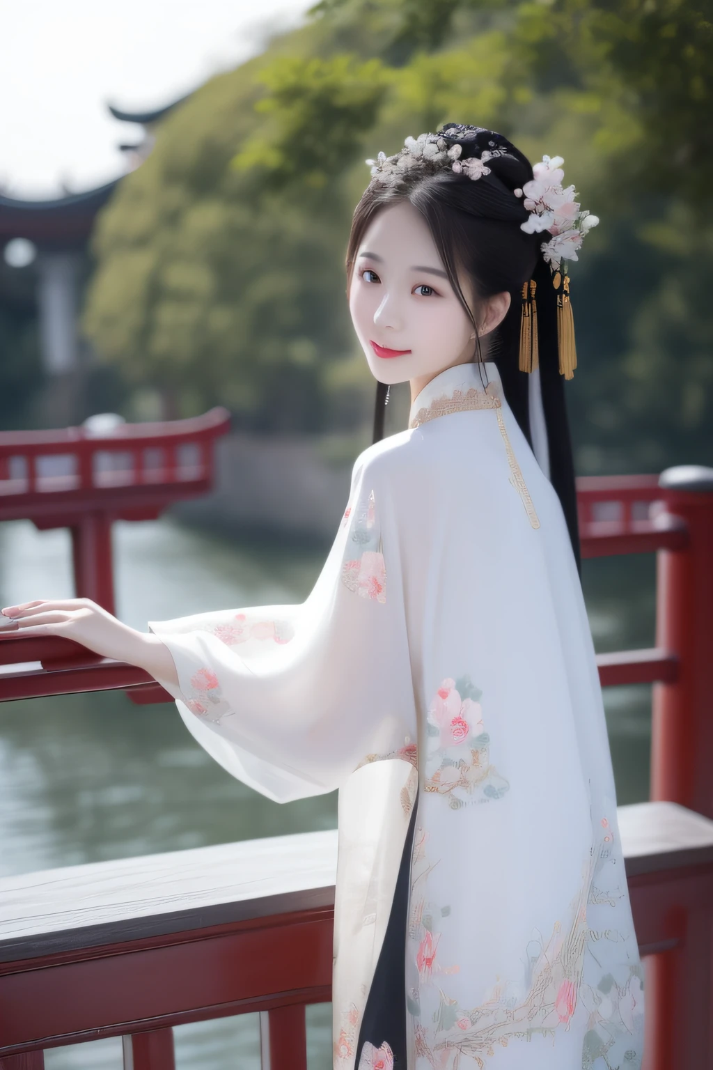 small bridge flowing water,On the bridge deck stood a woman dressed in Chinese clothing。。,Delicate facial features,In exuberant spirits,hyper HD。