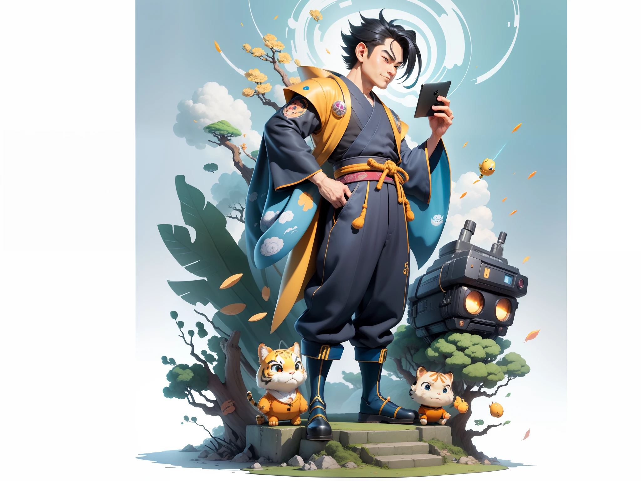 (Masterpiece), (Excellent), (Super Meticulous), (Full Body: 1.2), Super Young Man, Oriental Face, Japanese Kimono, Japanese Wind Thunder God, Dragon, Tiger, TV Anchor, Bust Portrait Illustration, Alone, Black Suit, Blue Tie, Slightly Chubby Face, Very Clean Face, No Beard, Black Super Short Hair, Black Eyes, Confident Smile, 3c Computer Sub-Products, iPad, iPhone, Digital Painting, 3D Character Design by Akira Toriyama and Mark Claireden and Pixar and Hayao Miyazaki, The illustration is a high-definition illustration in 4K resolution with very detailed facial features and cartoon-style visuals.