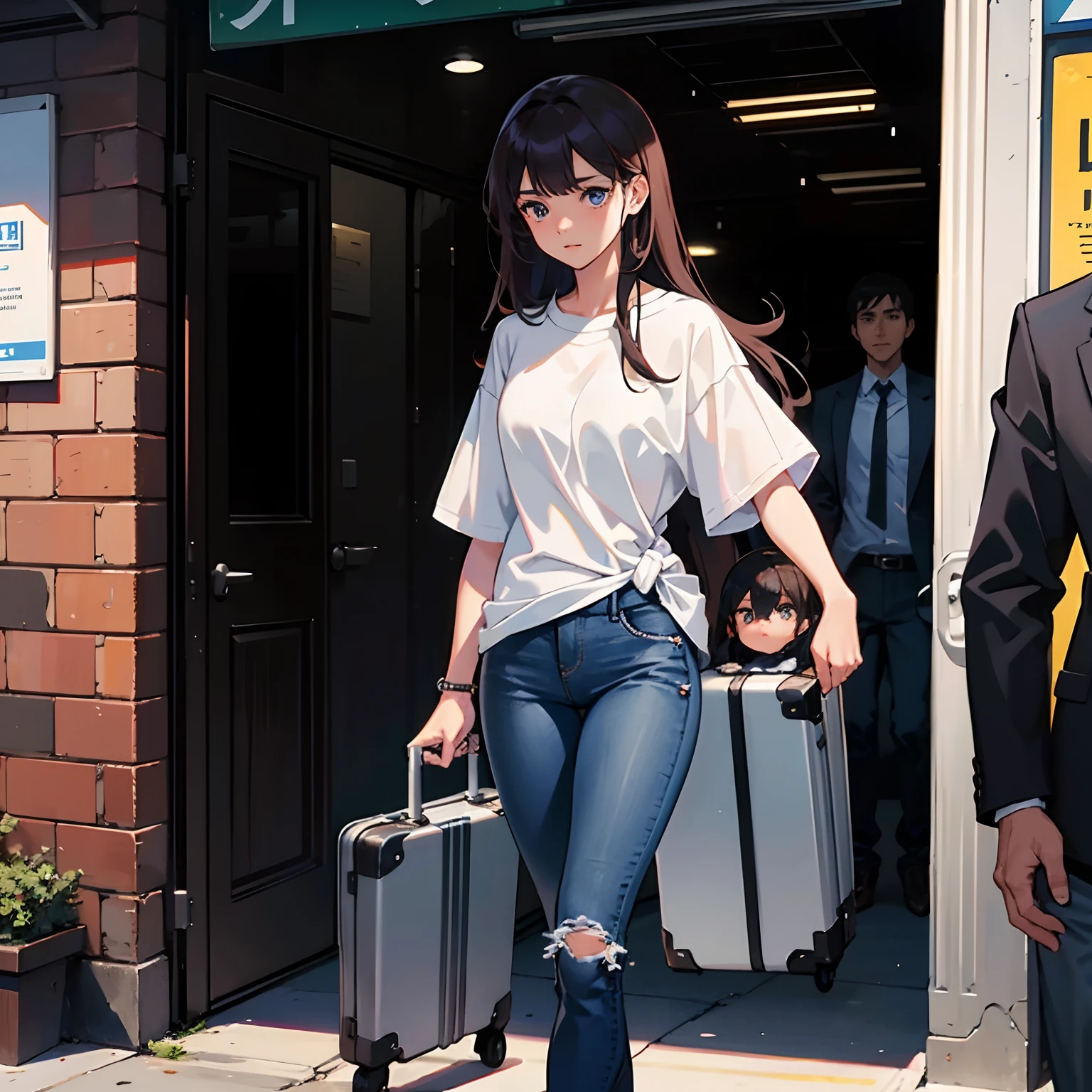 A handsome girl，Long hair with a shawl，Wear a simple t-shirt and jeans，It seemed a little nervous。She dragged a suitcase，It was a little difficult to walk into the school gate