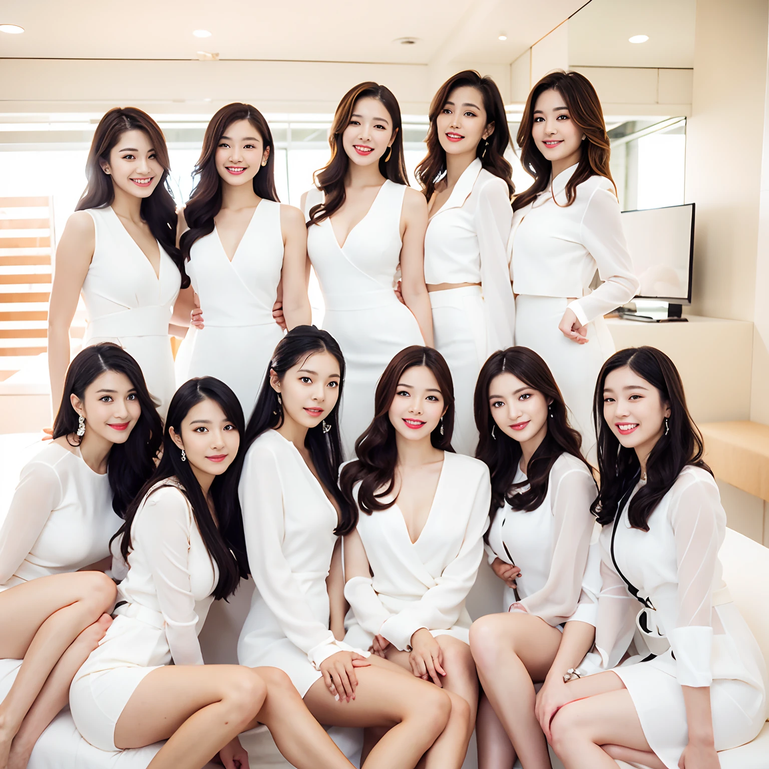 A group of Asian women dressed in formal clothes pose for a group photo, Asian women, corporate photo, jaeyeon nam, twice, Korean woman, beauty campaign, korean women's fashion model, photoshoot for skincare brand, beautiful Korean women, jiyun chae, amazing professional picture, portrait of female korean idol, group portraits, Korean, Gorgeous young Korean woman