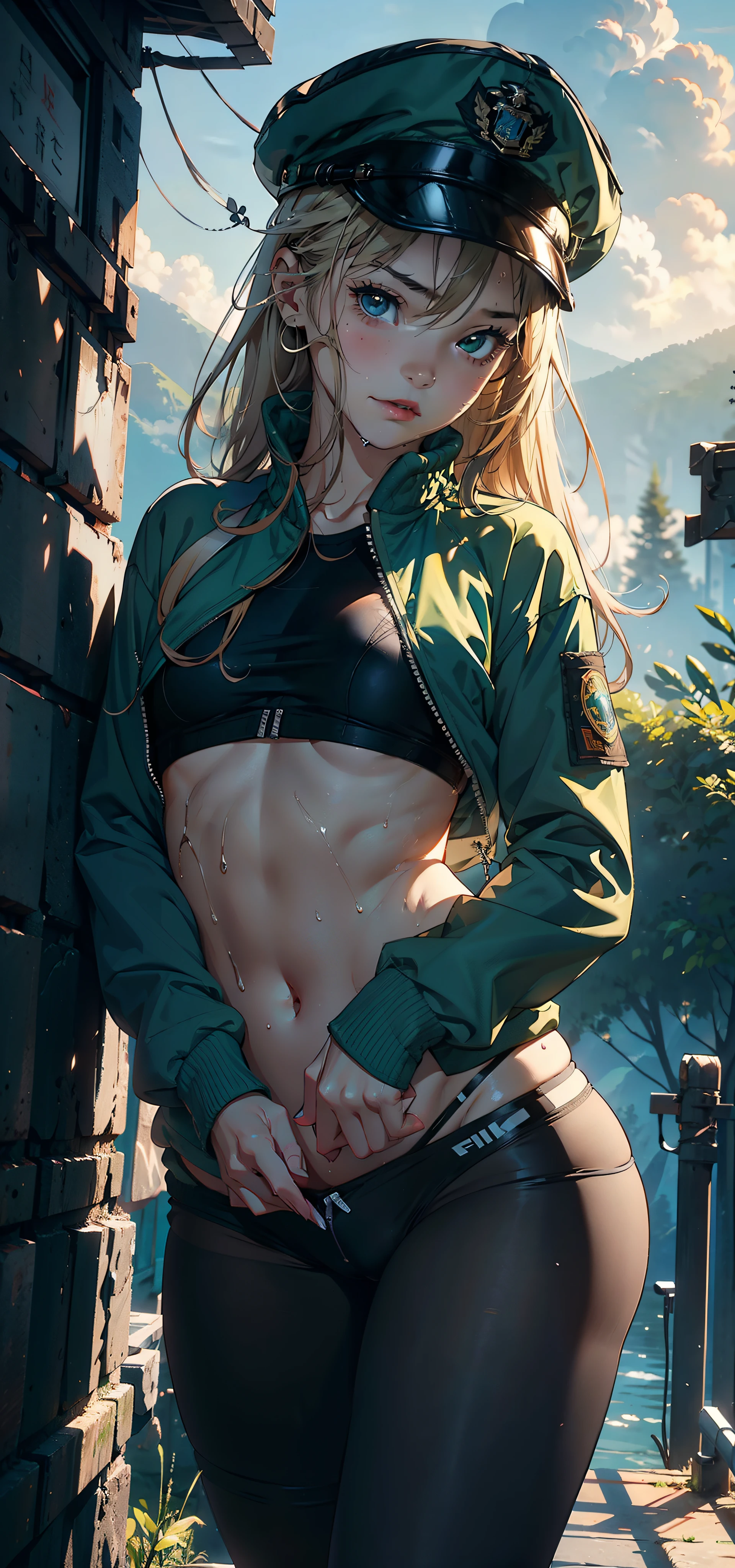 1female，11yo，teens girl，smallunderboob，Pornographic exposure， 独奏，（Background with：hilltop，rainforests，in summer，exteriors） Casual blonde hairstyle，Stride，Sweat profusely，drenched all over the body，seen from the front ， mostly cloudy sky，（（（tmasterpiece），（Very detailed CG unity 8K wallpaper），best qualtiy，cinmatic lighting，detailed back ground，beatiful detailed eyes，Bright pupils，（Very fine and beautiful），（Beautiful and detailed eye description），ultra - detailed，tmasterpiece，）），face to the viewer，frontage，A high resolution，ultra - detailed）nakeness，Wipe off panties，revealing ???????，???? ?????????， Bulge，Camel toes，Raised ????，???? expression，Flushed complexion，Open-mouthed，frontage，military hat，（Wearing：green colored bomber jacket，Black pantyhose）athletic sneakers