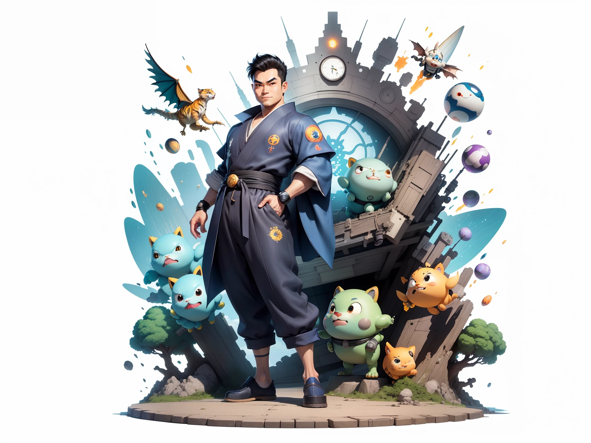 (Masterpiece), (Excellent), (Super Meticulous), (Full Body: 1.2), Super Young Man, Oriental Face, Japanese Kimono, Japanese Wind Thunder God, Dragon, Tiger, TV Anchor, Bust Portrait Illustration, Alone, Black Suit, Blue Tie, Slightly Chubby Face, Very Clean Face, No Beard, Black Super Short Hair, Black Eyes, Confident Smile, 3c Computer Sub-Products, iPad, iPhone, Digital Painting, 3D Character Design by Akira Toriyama and Mark Claireden and Pixar and Hayao Miyazaki, The illustration is a high-definition illustration in 4K resolution with very detailed facial features and cartoon-style visuals.