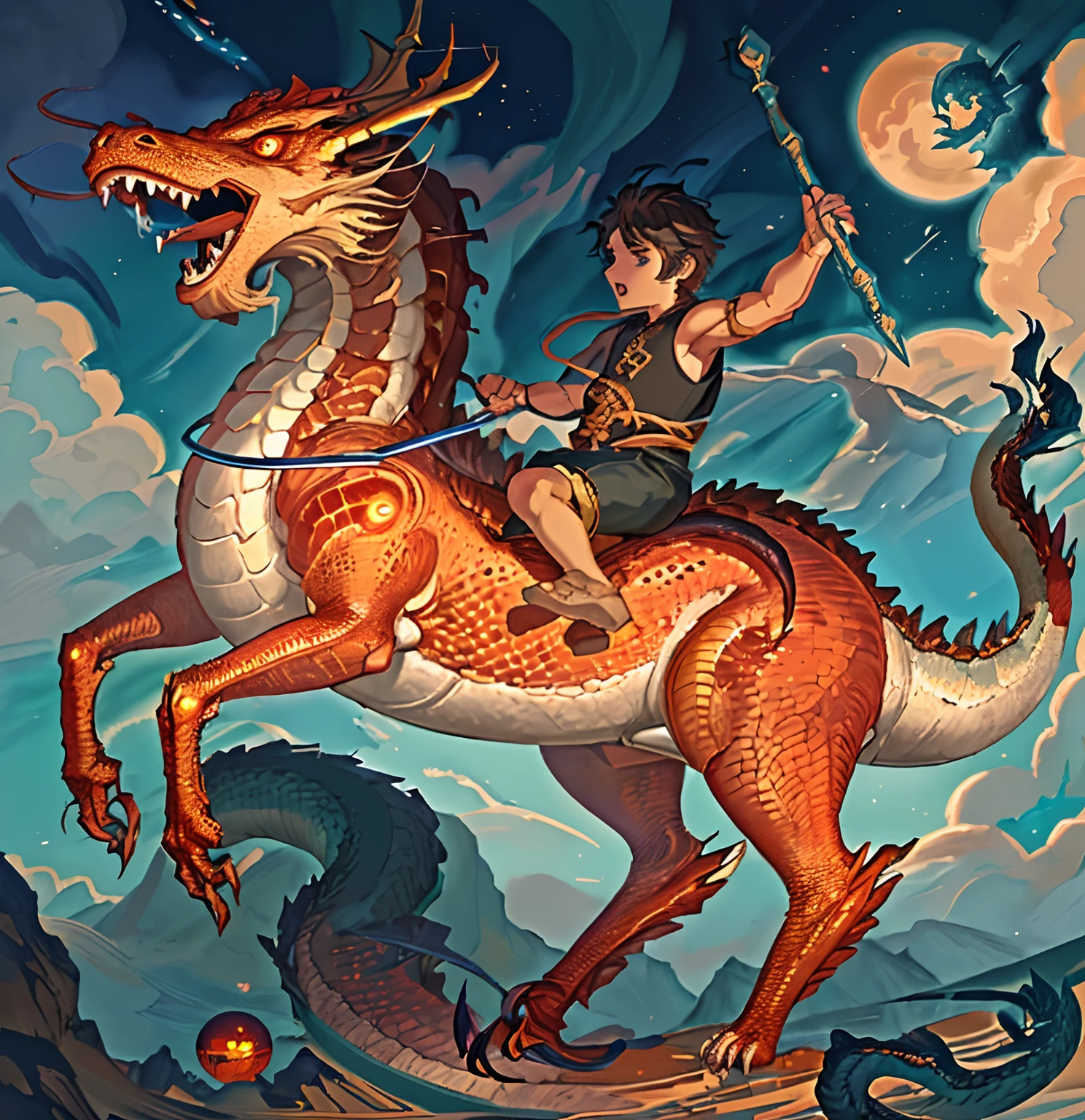Drawing of a boy riding a dragon with a spear in her hand, In the evening water, The sun is orange..., Dragon Rider, Dragon Ride, android jones and rhads, Jesus rides a dragon, Fat vs Dragon. passenger, Epic full color illustration, Children's art in art, epic fantasy digital art style, by Adam Marczyński, digital painting greek mythology, Dragon Riding Boy