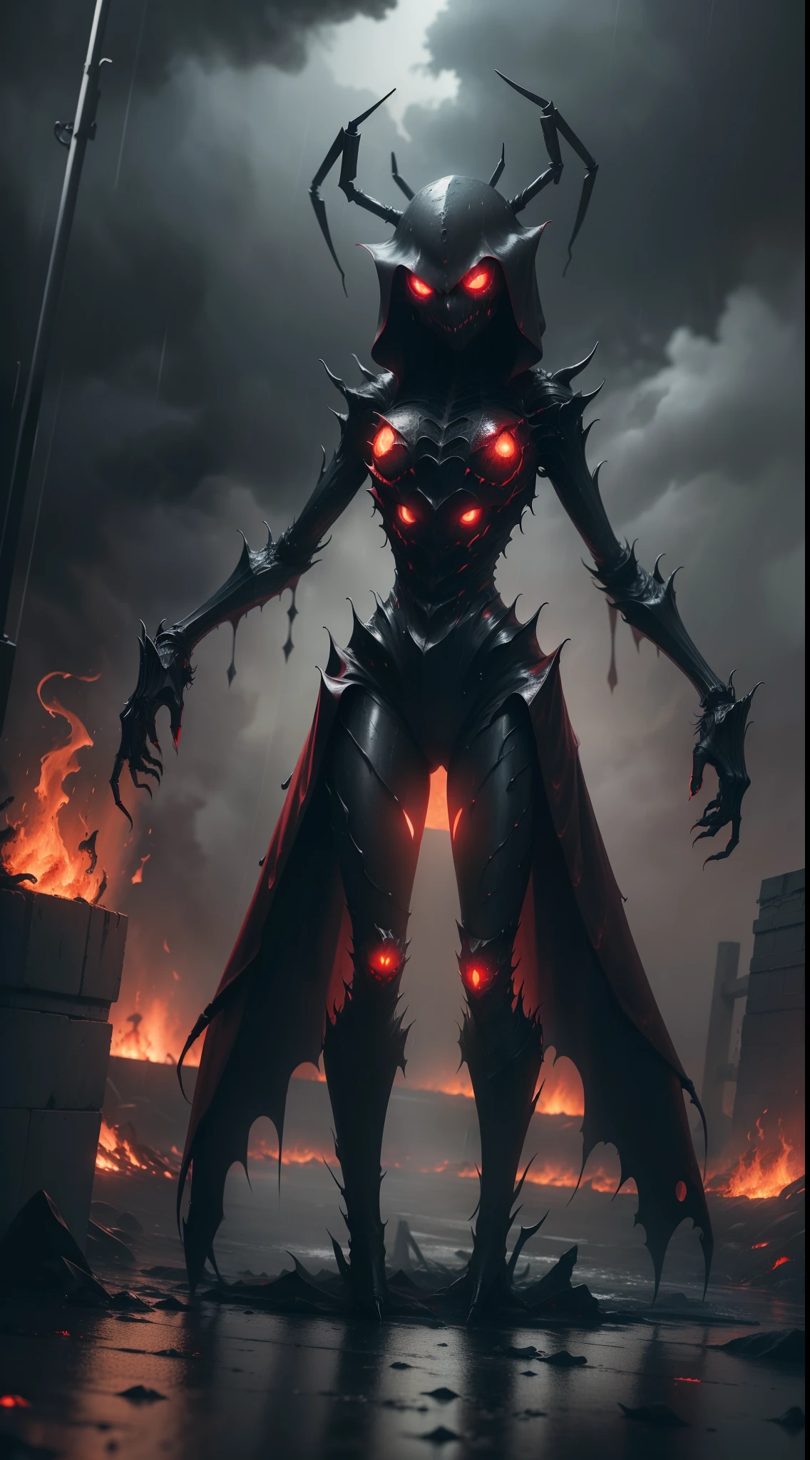 (1girl) ((crouching, below below )) ,pale skin,obsidian chain armor , blood, lava,  glowing eyes,   rough texture, 
gothic , cathedral, dark, dim light , glowing 
best quality, masterpiece, realistic, 
high contrast,   Tsutomu Nihei