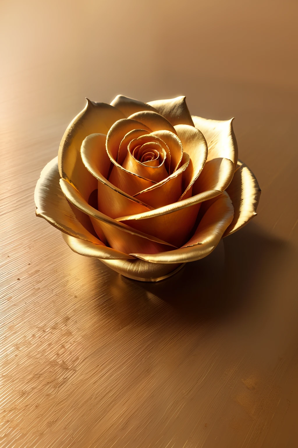 1 full golden all-metal rose，The petals connect to form a bridge，metalictexture，All metals，gold parts，Reflectors，Material of metal，golden flowers，super detailing，Ultra-clear image quality，solid color backdrop，