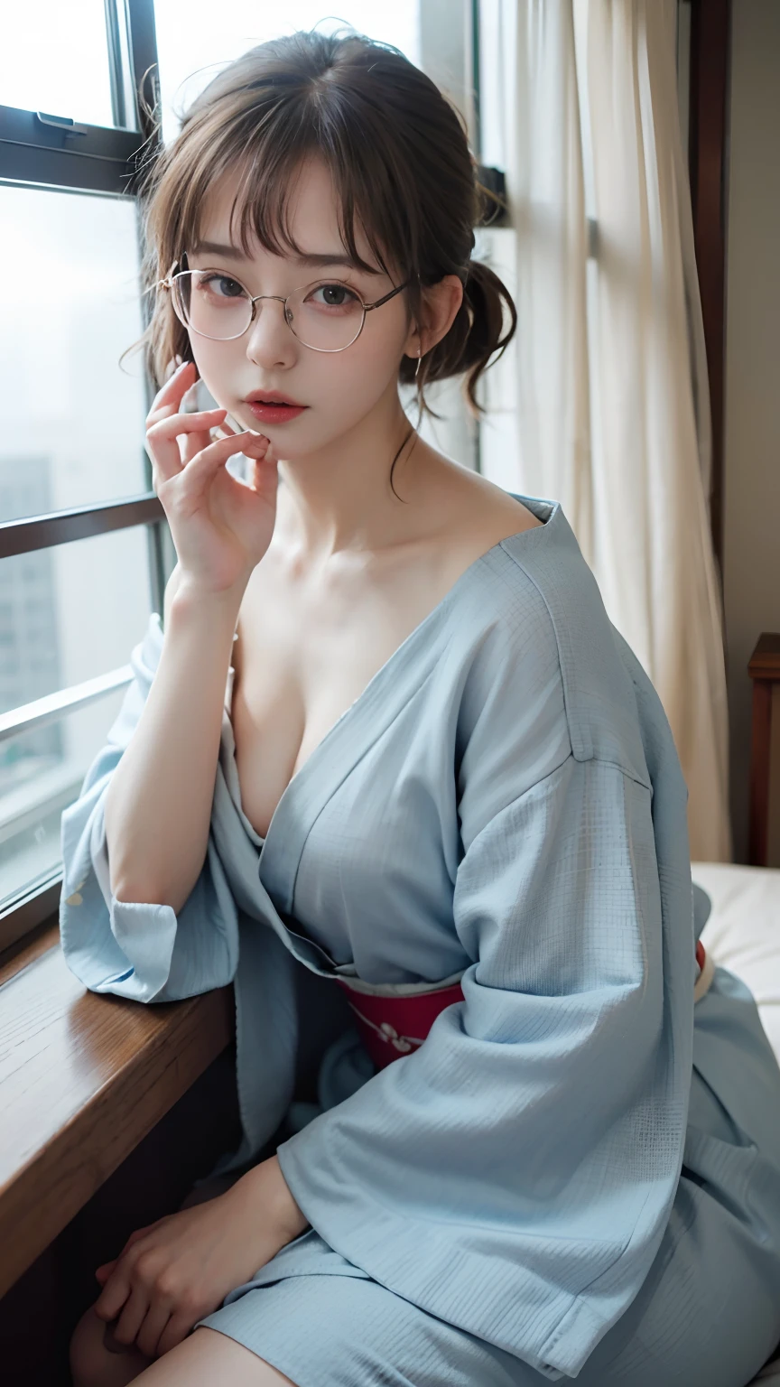 (8K, Raw photo, Best Quality, masutepiece:1.2), (Realistic, Photorealsitic:1.4), (Highly detailed CG Unity 8K wallpaper), (1 girl:1.5), (Realistic hands), (detail hands), (detail finger), (In the window of the hotel building on the 20th floor), Japan Beauty, (Light blue clothes: 1.4), Red spots on the forehead, pale skin, blush, Big eyes, Half body, potrait, Nice Pose, Light blue kimono, The kimono is fluttering、Girl with exposed chest and shoulders, Omijoji, Kagura,Bob Hair、Small、round rimless glasses、Cloudy juice drips from the mouth
