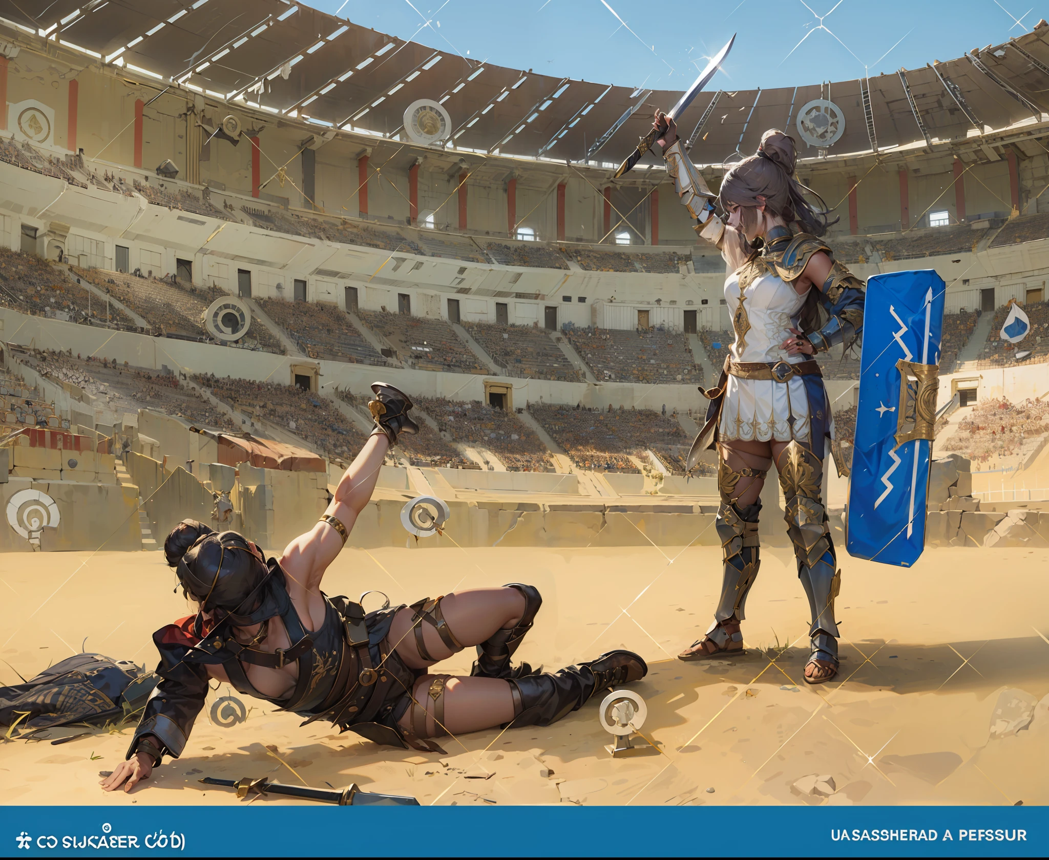 una ilustracion de dos mujeres gladiadoras peleando en un coliseo con una vencedora con la espada en alto en pose de victori y otra derrotada suplicando con una herida en el suelo,