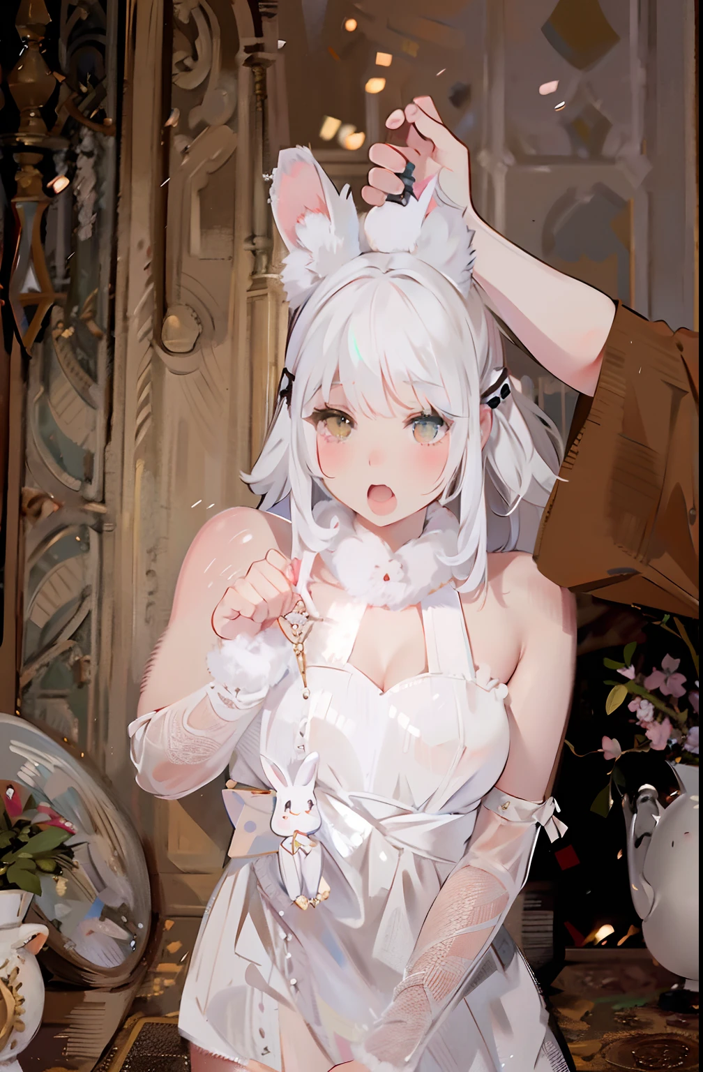 gray-haired girl，There are rabbit ears and white dress posing for photos, ultrarealistic sweet bunny girl, Anime cosplay, Anime girl cosplay, White Cat Girl, cosplay of a catboy! maid! dress, Bunny Girl, with bunny ears, with long floppy rabbit ears, ，， White fox ears, pale milky white porcelain skin，The back of the ear is grabbed by someone else's hand