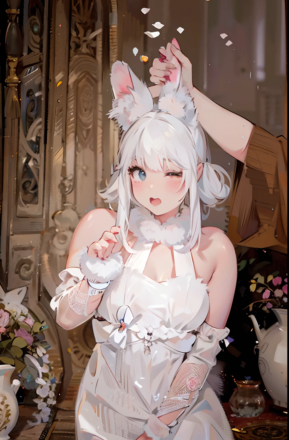 there is a woman in a bunny costume posing for a picture, Anime girl cosplay, Anime cosplay, Little white rabbit girl, ultrarealistic sweet bunny girl, rpgmaker,White rabbit ears,red color eyes,Redness of the eyeballs,Bigboobs,big breasts exposed cleavage,boobgasm