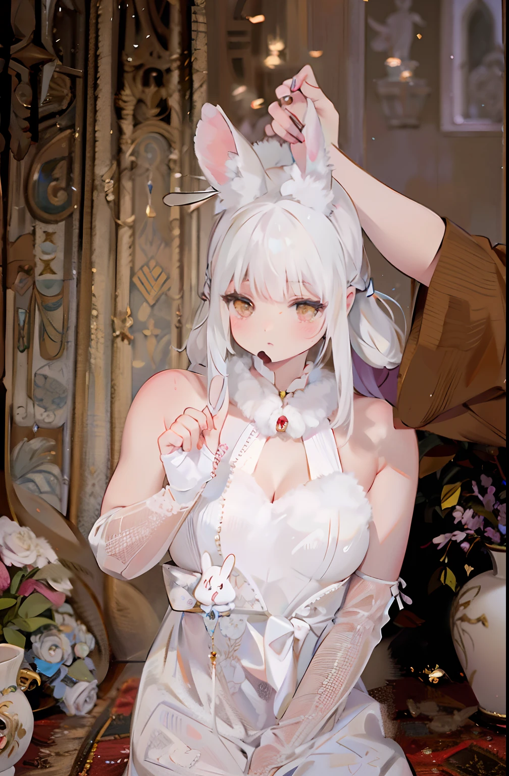gray-haired girl，There are rabbit ears and white dress posing for photos, ultrarealistic sweet bunny girl, Anime cosplay, Anime girl cosplay, White Cat Girl, cosplay of a catboy! maid! dress, Bunny Girl, with bunny ears, with long floppy rabbit ears, ，， White fox ears, pale milky white porcelain skin，The back of the ear is grabbed by someone else's hand