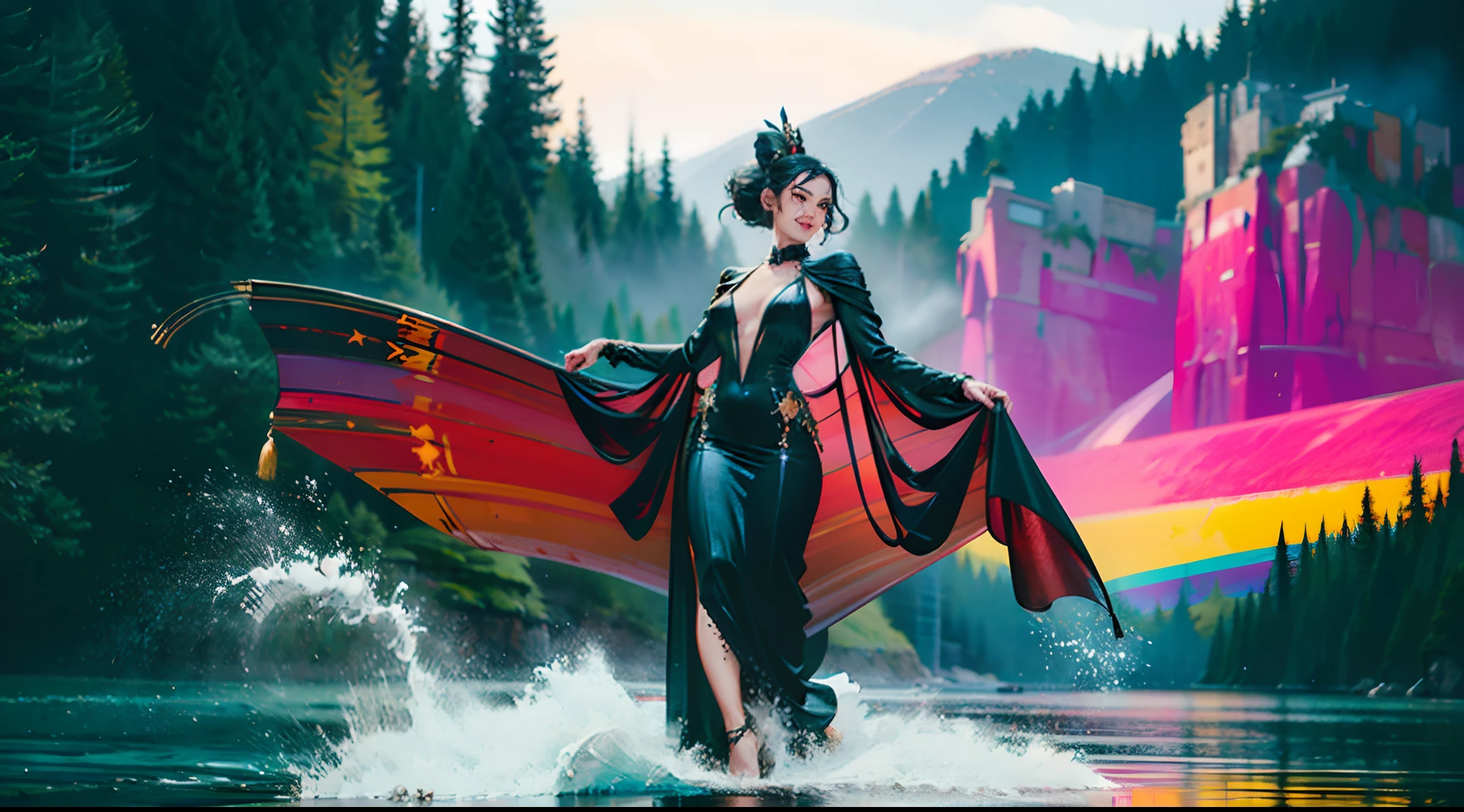 In illustrations of this super grand scene,We enjoyed a fascinating sight,Various scenarios of the multiverse come together。Beneath this intoxicating exterior,We see a mysterious vampire princess,She wore a black robe,Disheveled clothes,Graceful,Dance on the water。Her dancing magic keeps her costumes constantly changing,Blend in with the beauty of your surroundings,Add an unpredictable charm to the whole scene。The dance of the vampire princess is intoxicating,Her rainbow bat wings fluttered behind her like a flying carpet。This wing consists of different styles、colours、Made of small parts of material and style,The tail is long and beautiful。Her dance trajectory is accompanied by a glare effect of neon lights and magical stars,Blend in with your surroundings,Create a stimulating atmosphere for the senses。The vampire princess is tall,Big bang curve,Her facial features are full of seductive sexiness。Her appearances include:(Super large breasts:1.88)、Narrowing of the sternum、(Huge red eyes like gemstones:1.99)、Charming face、The evil crazy smile reveals the cute little tiger teeth、Makeup、Slender neck、Beauty collarbone、Slender arms、Slender waist and abdomen、Sexy butterfly buttocks and slender long legs,Display attractive curves and lines。Use Midjourney's advanced brush tools、Color palettes and texture packs,We are the skin of the vampire princess、Costumes and bat wings give intricate textures,Added realism。Her costume and cloak are a mixture of different materials,Displays various styles,From evening dresses to princess dresses,Then there are bikinis and tulle,Creativity and fashion。The whole scene is also full of dreamy elements,The starry sky is full of futuristic technology,There are towering cities in the ground,There are long beaches and small islands on the sea,Plants and fairy tale mythological scenes are intertwined。The Vampire Princess's dance moves echo the environmental elements,Be creative。Powerful tools halfway,We approached it in incredible detail,Bring this