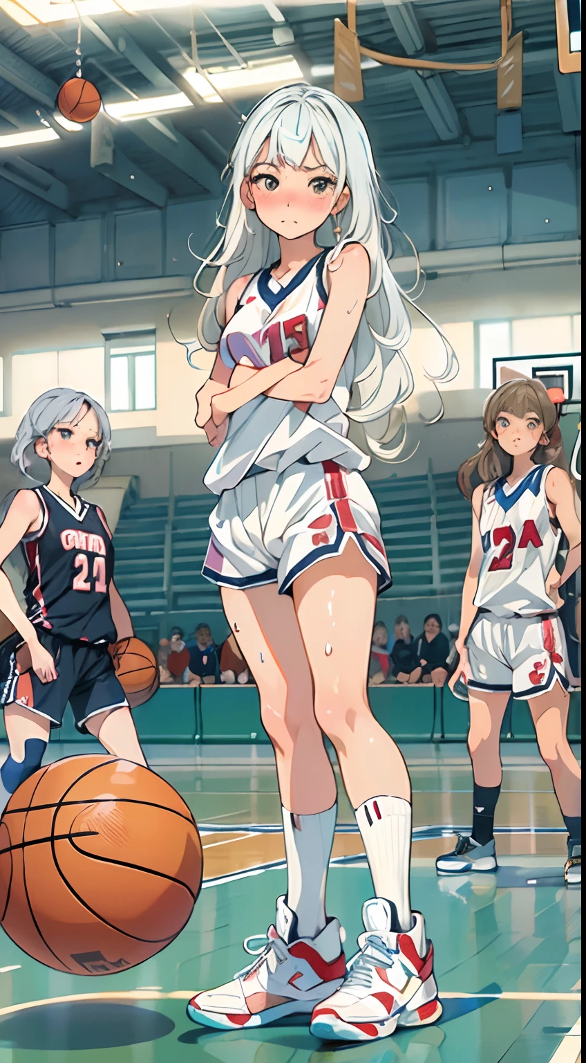 (((masterpiece))), (((best quality))), (((ultra detailed))), (((high-resolution))), ((super fine illustration)), ((Ultimate cutie)), detailed beautiful face,(white hair), shiny hair, ((((gyaru)))), (medium breasts), (((solo))), (((embarrassed expression))), ((basketball player)),((ball dribbling)), (((hand on the ball))), (sleeveless basketball Uniform), knee pad, elbow pad, ((sweat)), ((covered in sweat)), ((fog)), in basketball Court, lighting, ((from behind)),(((looking at viewer)))