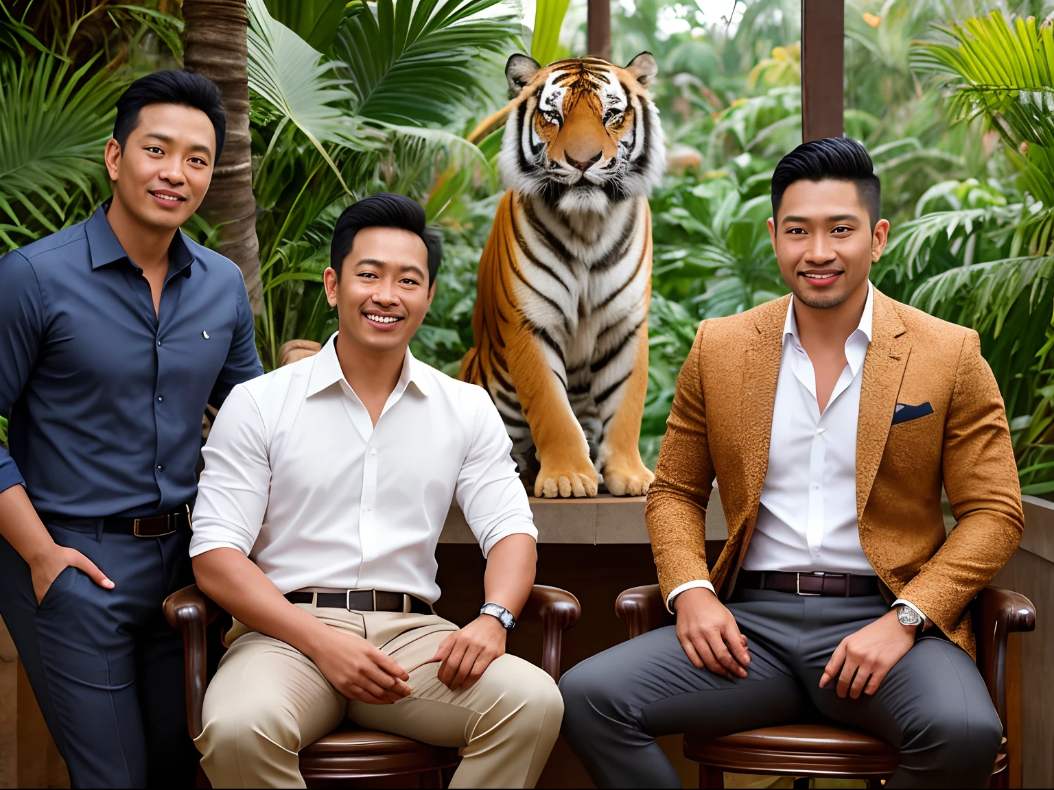 3 malay men seating in office outfit for men drinking coffee in thick and muddy jungle, wear suit, realistic face, detail face, laughing and happy, matured men, bright lighting, ultra detail photography, wild animal in background, tiger in background, wild tiger hiding in background, view from in front, ultra detail face, professional lighting setting, drinking coffee with tiger,