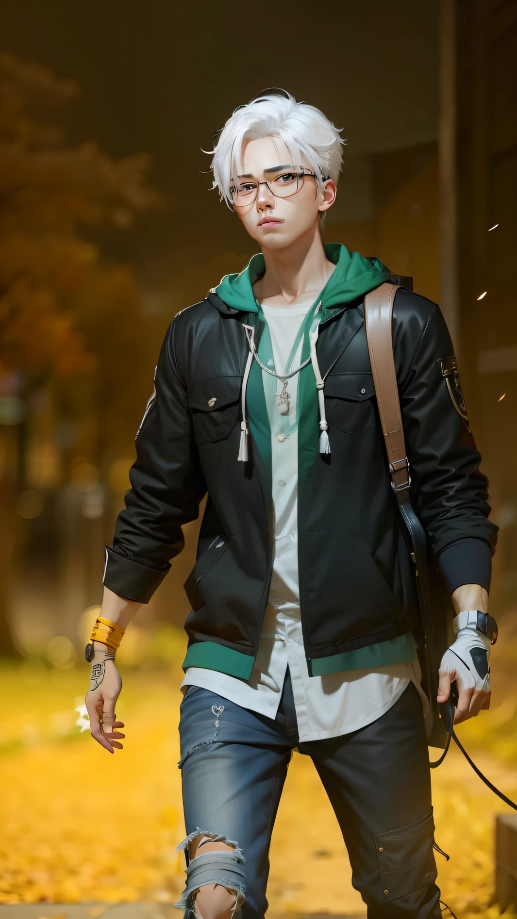 Anime, realistic, 1boy,  Korea, handsome, 4k quality, White hair ,Wear glasses