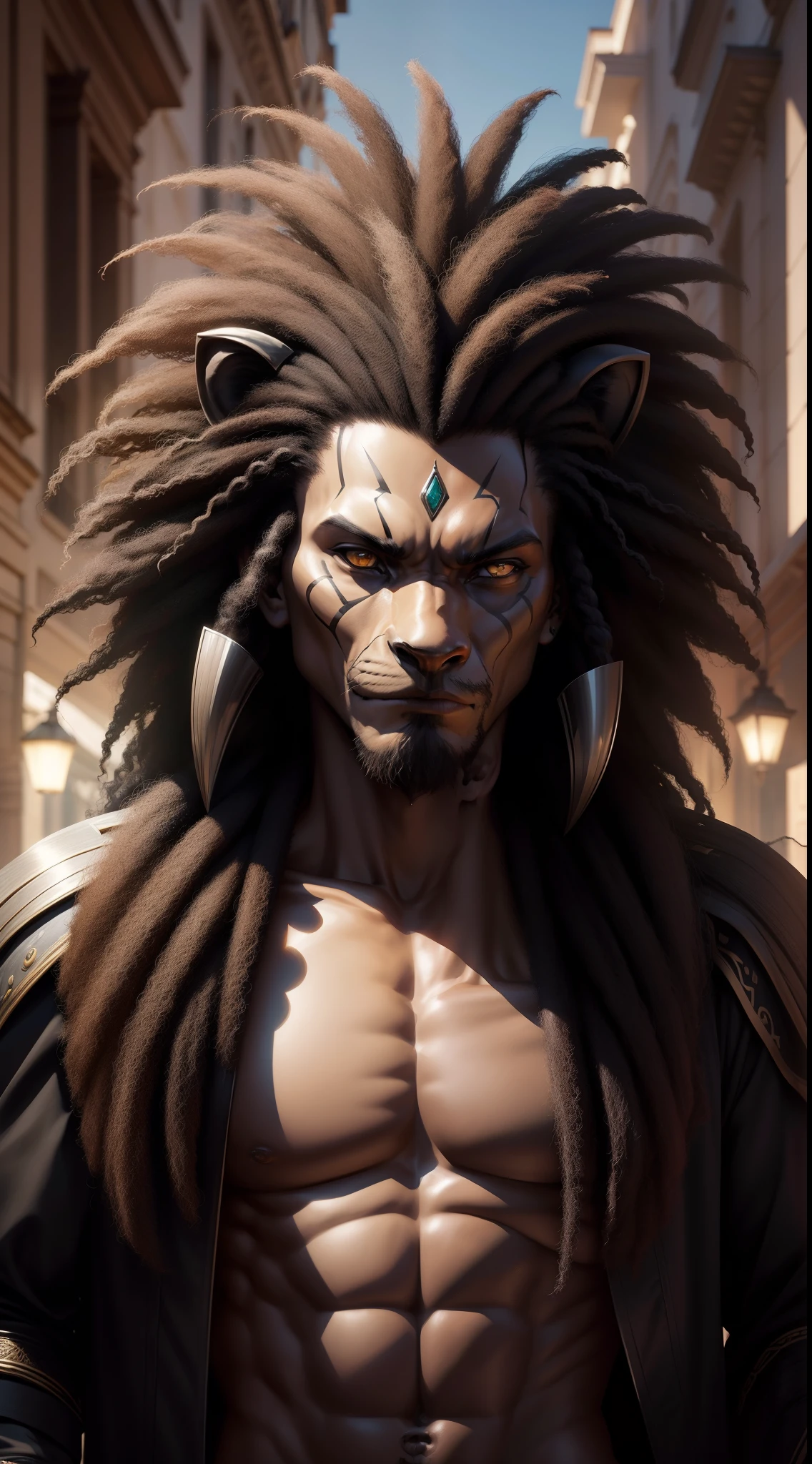 face of humanoid black lion, Todos os cabelos e cabelos brancos afro, olhar fixo ao centro