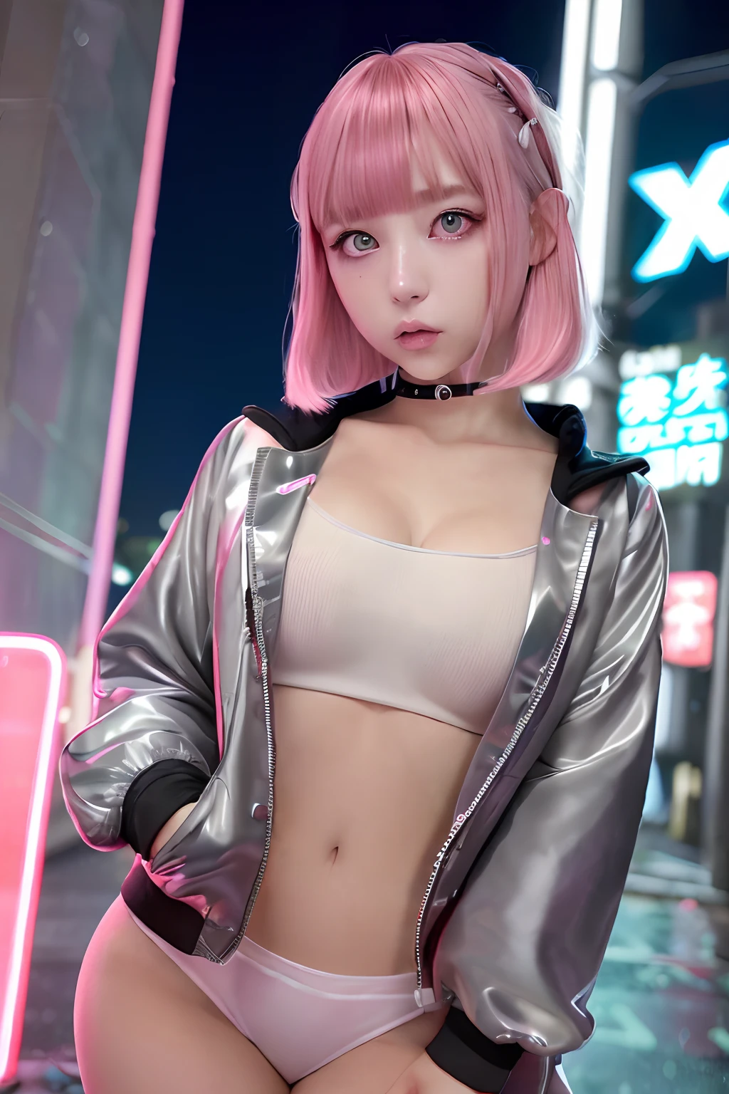 Photorealsitic, hight resolution, Heterochromia eyes, small moles under eyes、bob cuts、Blunt bangs、Lucy\(cyberpunked\), 1girl in, hair scrunchie, hime-cut, silber hair, Color Chip, fullmoon, grey eyes, jaket, long-sleeve, (Look at viewers), Medium Hair, O cabelo multicolorido, Bangs parting, cparted lips, A pink-haired, Red Eyeliner, red-lips, 独奏, White jacket, cyberpunked\(Series\), Rainy night in cyberpunk city with glowing neon lights,frombelow, yes、all-fours、Huza