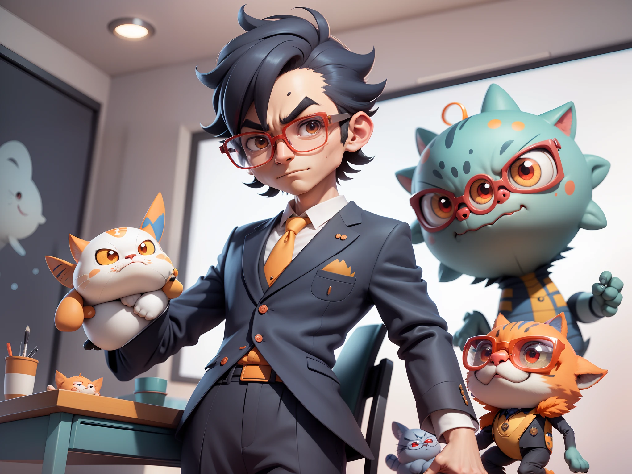A young man in a suit, Short hair and glasses sat at his desk，holding laptop，digitial painting，tigre，3D character design by Mark Clairen and Pixar and Hayao Miyazaki and Akira Toriyama，4K HD illustration，Very detailed facial features and cartoon-style visuals。