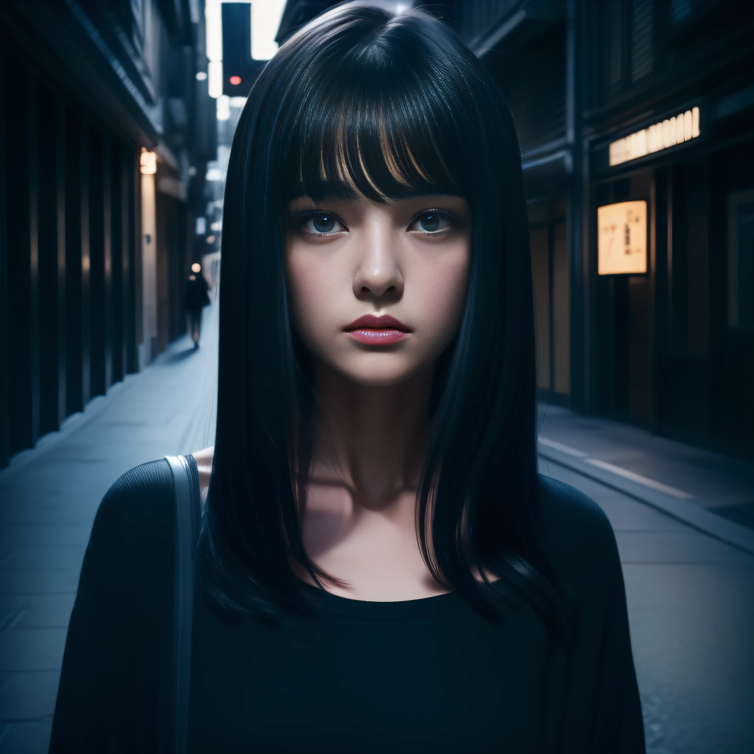 A 20 year old girl with straight long bang black hair, big dark blue eyes, and a perfect oval face, rendered in a photorealistic style with sharp edges and a lonely atmosphere, standing on a sea side with a loose black shirt.