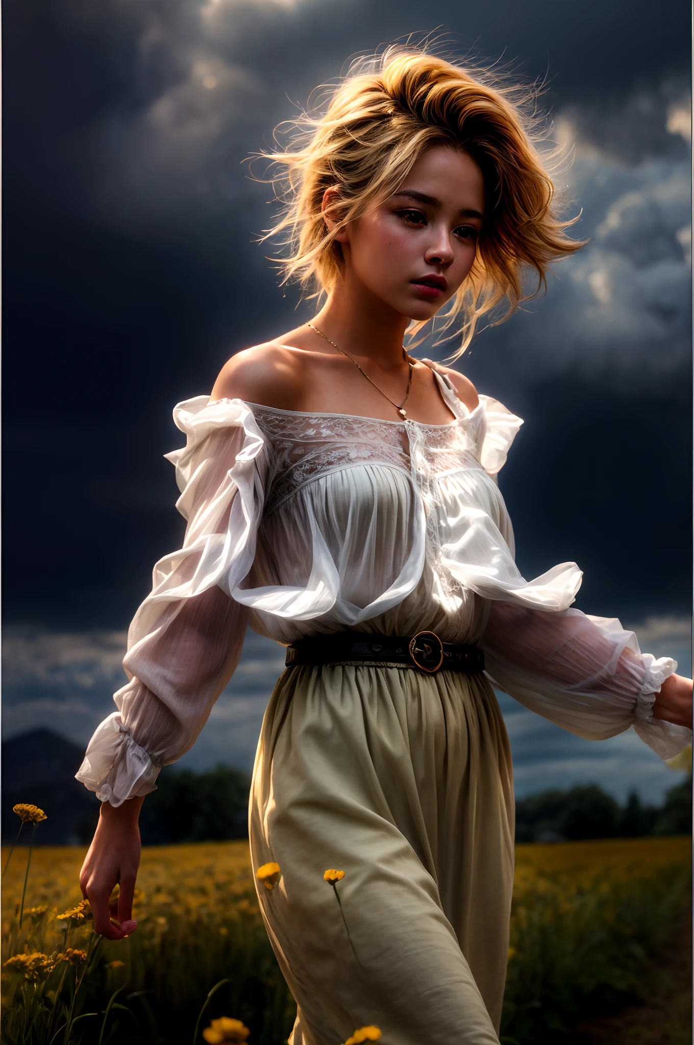 (realistic:1.3), finely detailed, quality, rembrandt lighting, (masterpiece:1.2), (photorealistic:1.2), (best quality), (detailed skin:1.3), (intricate details), dramatic, ray tracing, 1girl, american white girl, blonde hair, 21 years old, medium breasts, (Meadow, Sun, Clouds, Field, Farming, Starlight, Walking trail)