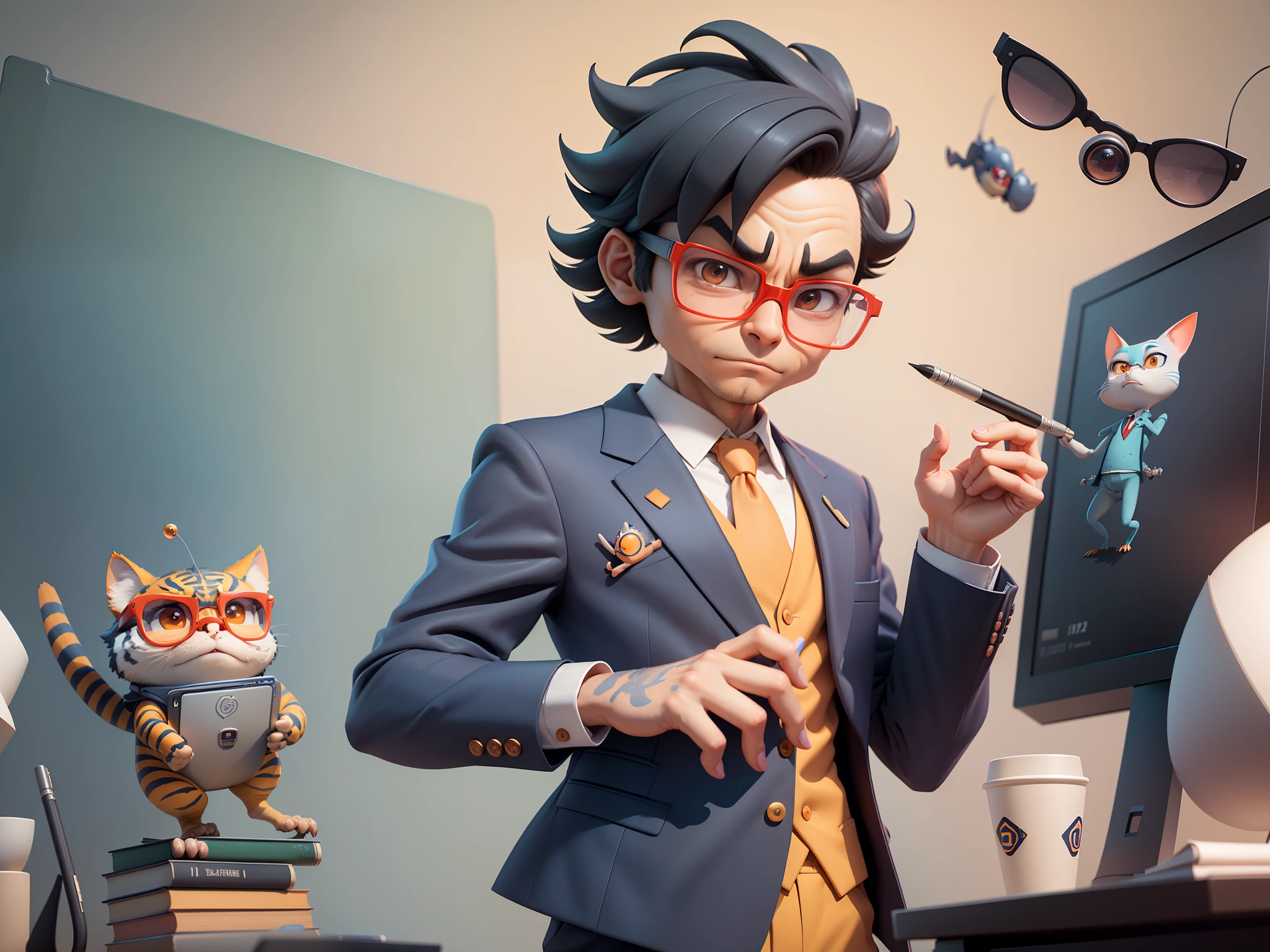A young man in a suit, Short hair and glasses sat at his desk，holding laptop，digitial painting，tigre，3D character design by Mark Clairen and Pixar and Hayao Miyazaki and Akira Toriyama，4K HD illustration，Very detailed facial features and cartoon-style visuals。