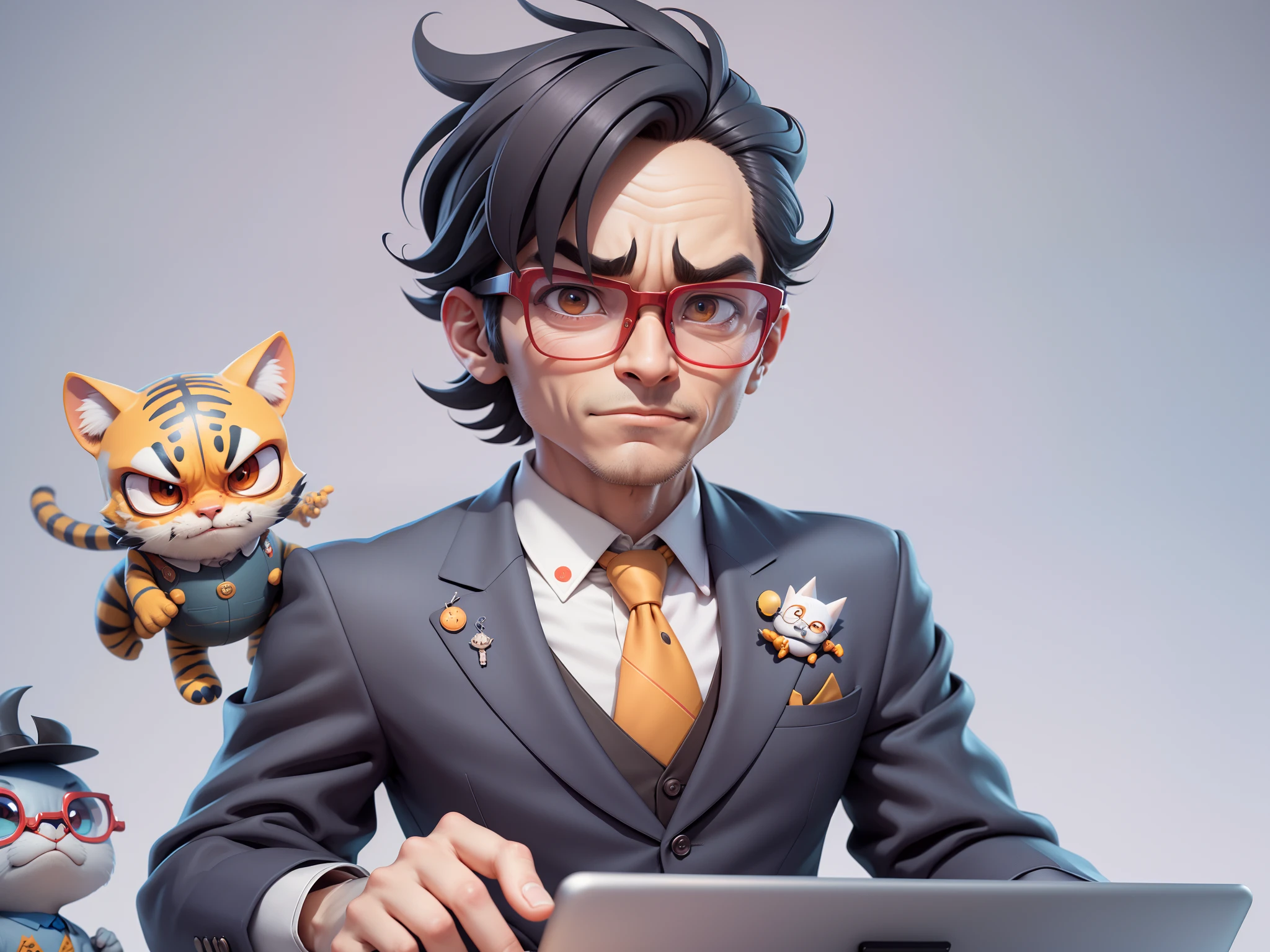 A young man in a suit, Short hair and glasses sat at his desk,holding laptop,digitial painting,tigre,3D character design by Mark Clairen and Pixar and Hayao Miyazaki and Akira Toriyama,4K HD illustration,Very detailed facial features and cartoon-style visuals。