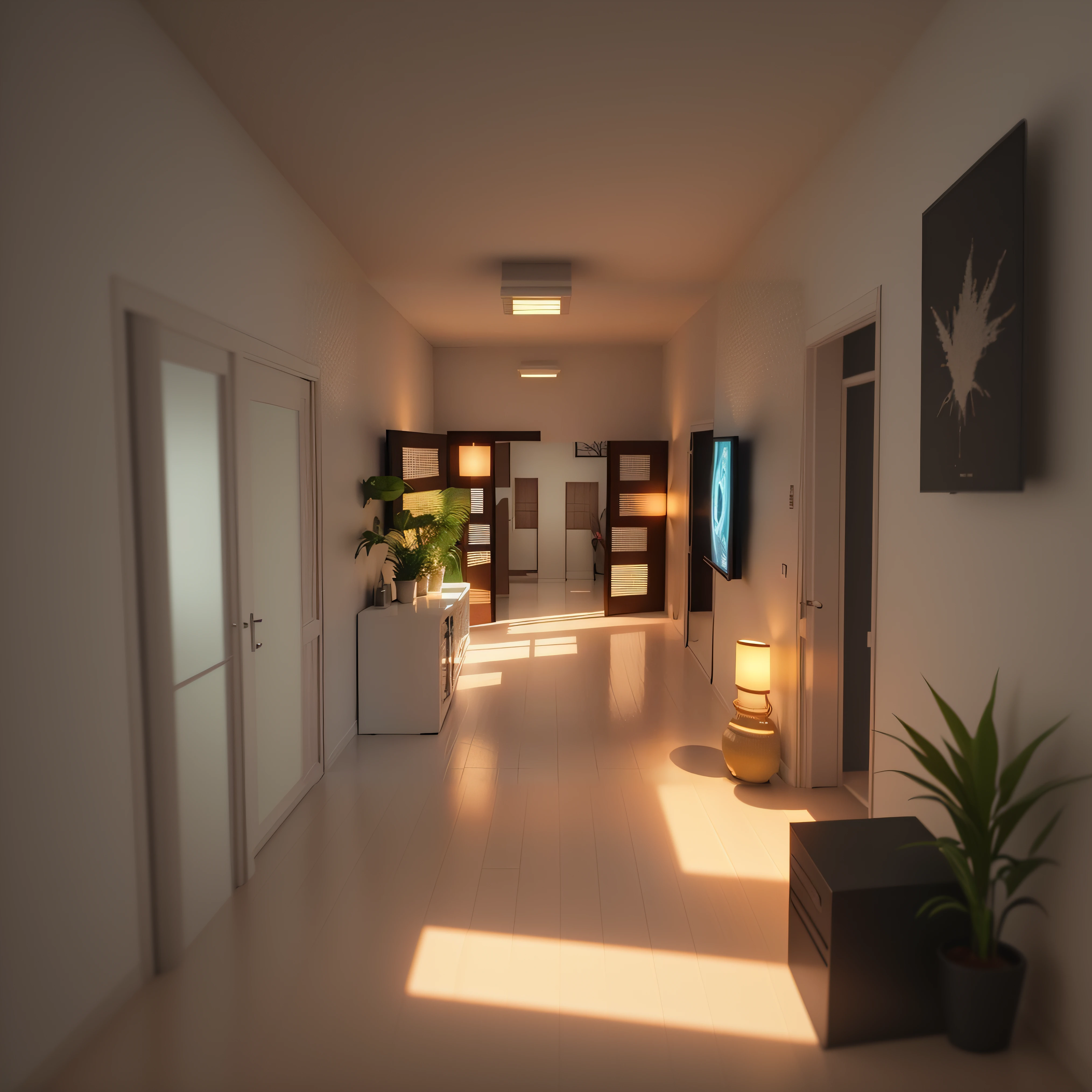 There is a room with TV and potted plants, octane render dynamic lighting, Volumetric midday lighting, rendered lighting, volumetric interior lighting, volumetric and perfect lighting, well lit 3 d render, 3D Unreal Engine rendering, 3D Unreal Engine rendering, Volumetric lighting 4K, rendered in unreal engine 3d, Volumetric illumination 8 K