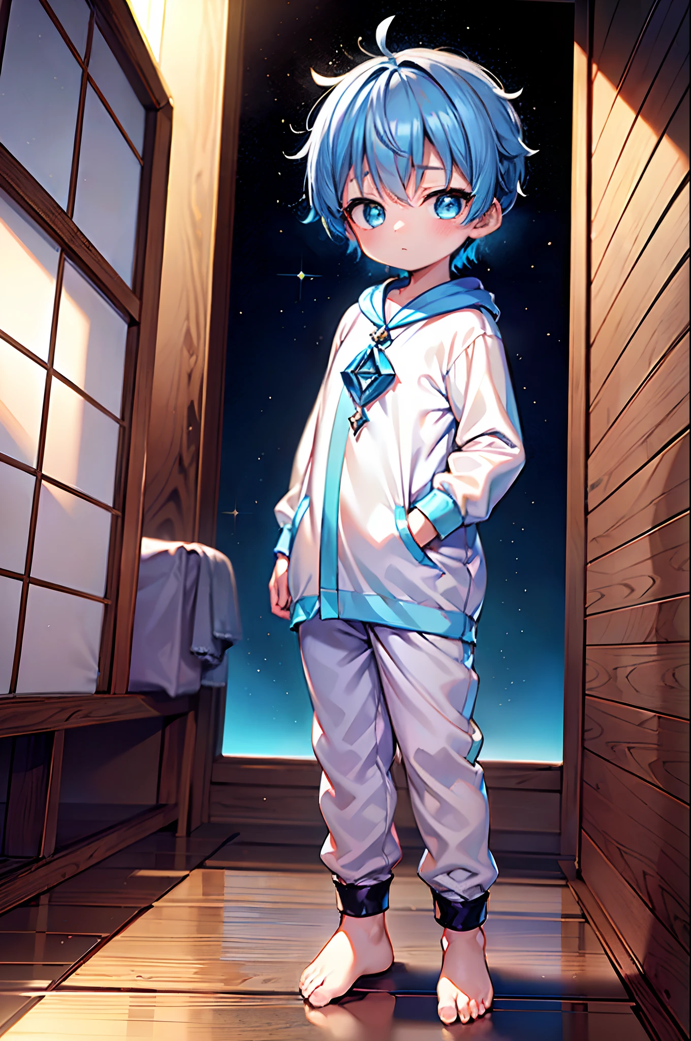 4k, (Masterpiece:1), ********** with blue colored hair and shiny, glowing cyan eyes and barefoot, standing on field, epic, cinematic, young, boy, child, small, toddler, tiny feet, focus on feet, feet, blushing, (Young:1.4), (Child:1.4), (Shota:1.4), (male:1.4), (boy:1.4), (divine clothes:1.4), (epic:1.4), (posing:1.4), (cinematic:1.4),