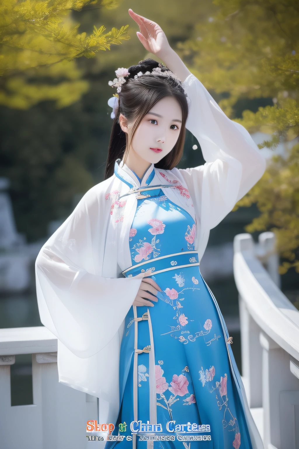 small bridge flowing water,On the bridge deck stood a woman dressed in Chinese clothing。。。,Delicate facial features,In exuberant spirits,hyper HD。