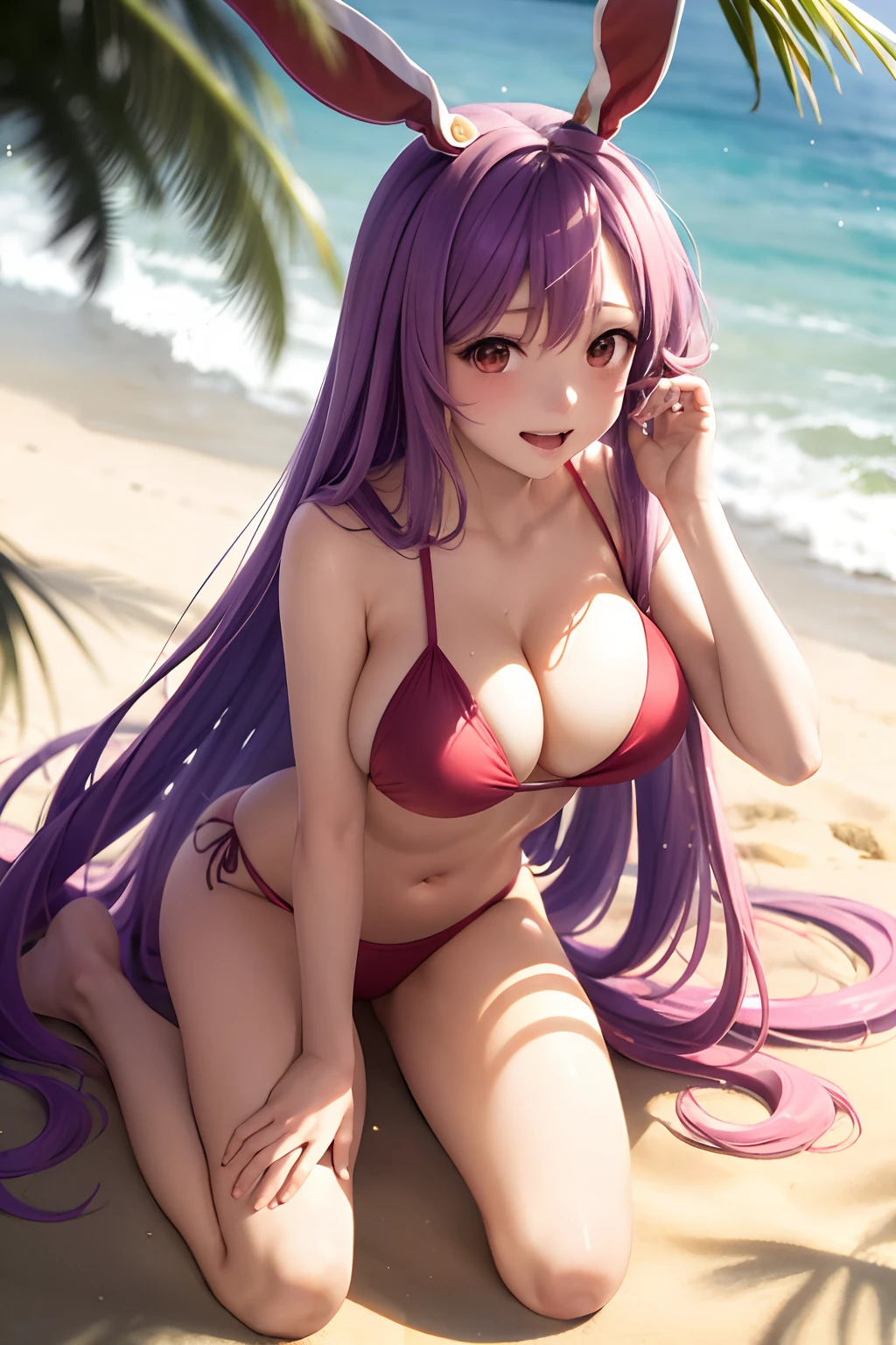 masterpiece, top-quality, 1girl in,Reisen Udon Giyin Inaba, Purple hair,Very long hair, rabbitears, red eyes, Sea and sandy beach background、Pink swimsuit、red blush、Colossal tits、teats、A slender、A sexy、Happy face、full body seen、bending forward、Wet、shinny eyes