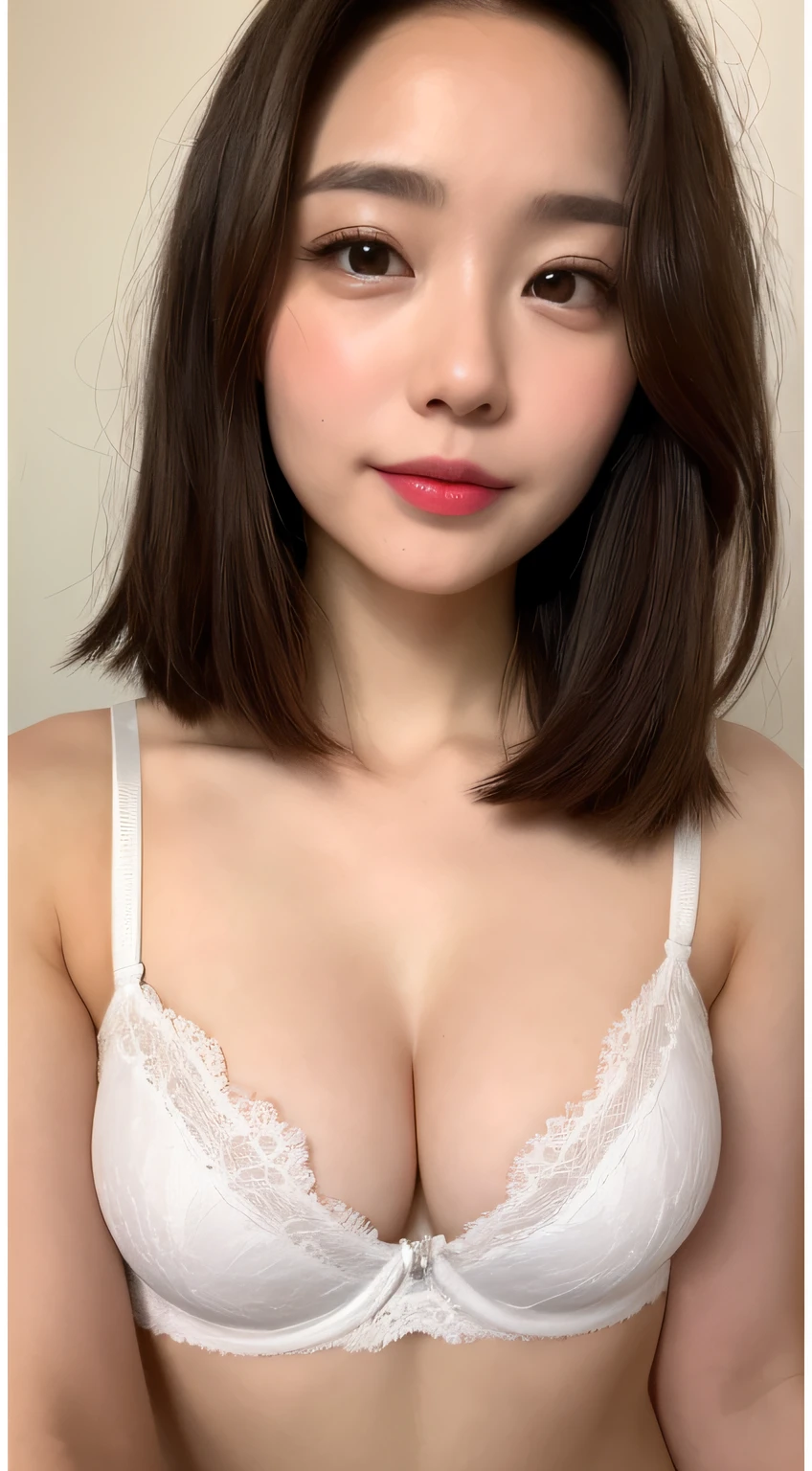 ((Best picture quality, 8K, tmasterpiece:1.3)), 1girll, Beautiful woman with slender abs:1.3, (Casual hairstyle, Leaky big breasts:1.2), Low-cut bra，Super large，Ultra-fine face, A detailed eye, 二重まぶた，ssmile，Home，The figure is very bad，tiny small waist，Super big breasts，Close-up，Close-up chest，White-skinned，The background is casual，Close-up Shot Shot