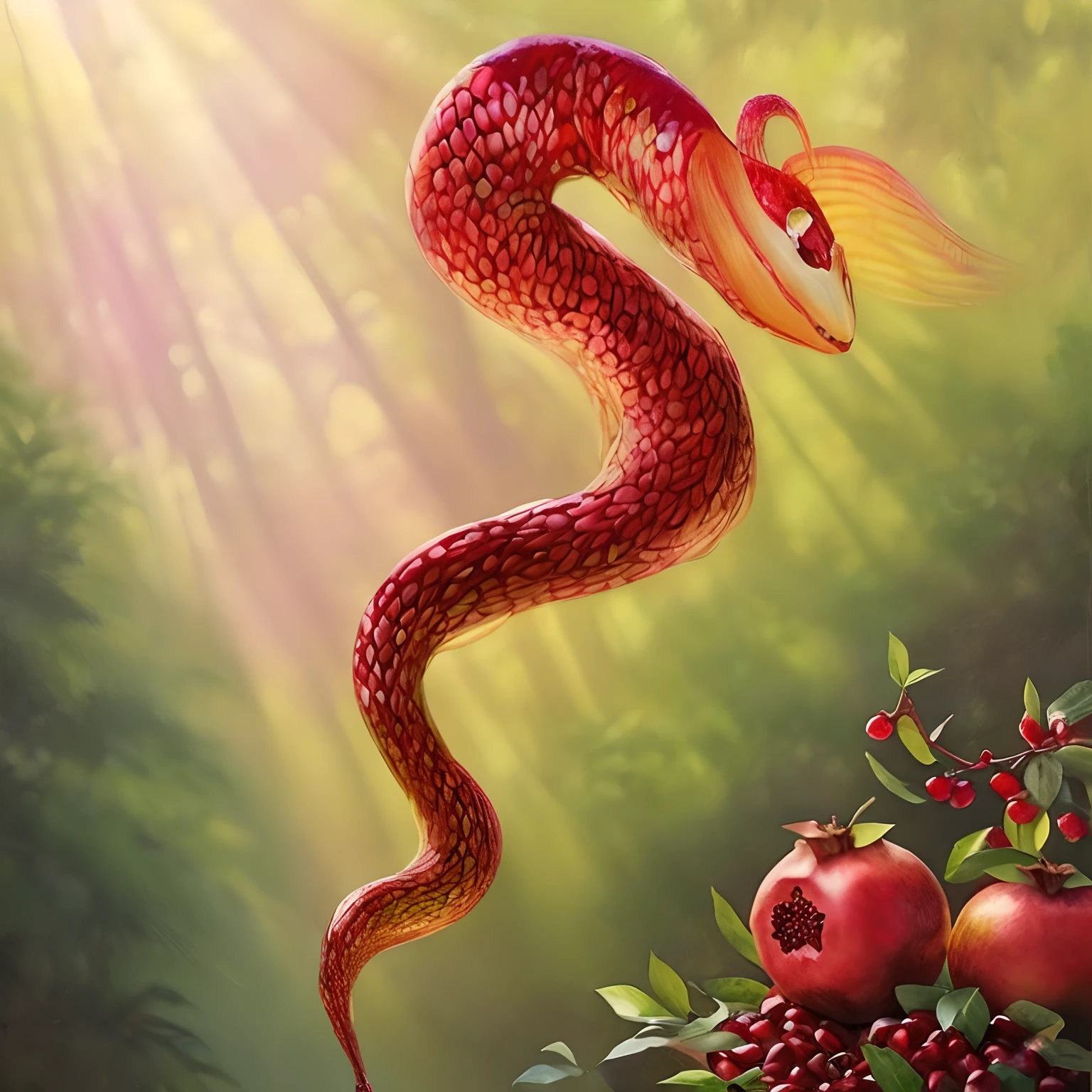 Serpent in a stream of light、Aiming for ripe pomegranate fruits、In a beautiful life form、In the intertwining of pomegranate trees、Aiming for large, ripe pomegranate fruits、There is eye light、It has scales that look like a beautiful stream of water.、masterpiece、Works of masters