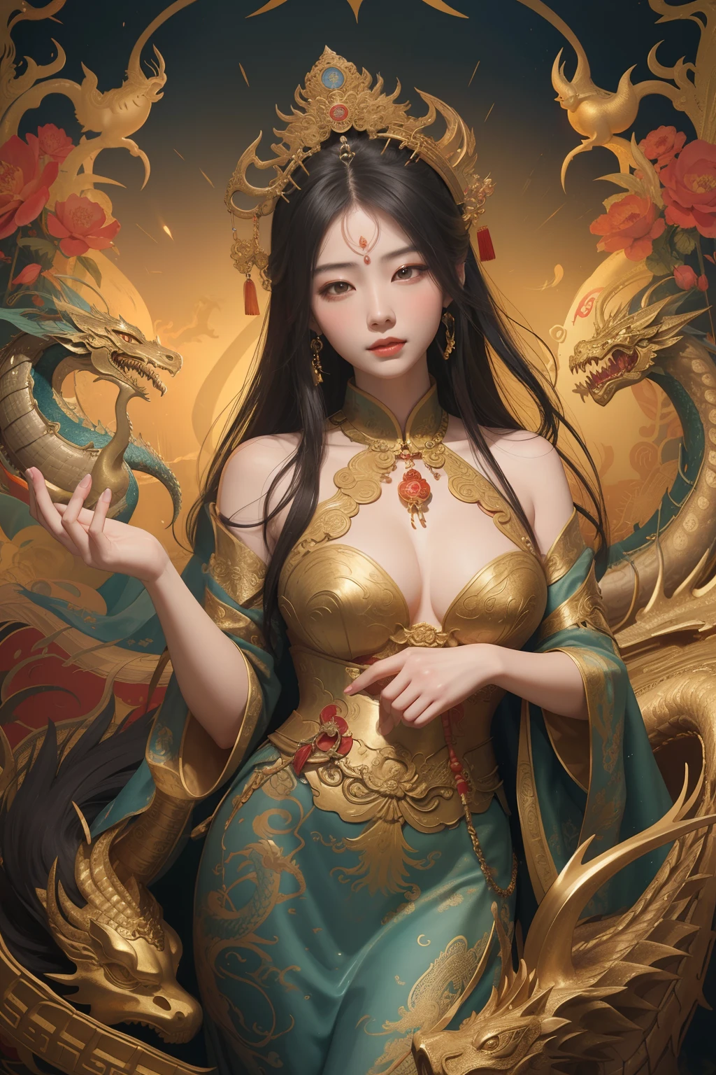 an ancient Chinese goddess, guanyin of the southern seas, Guanyin, Inspired by China, Avalokiteshvara rides a dragon，,Serene expression,shui mo hua,Buddha,Buddhist,Lotus,Chinese painting style,Thangka style