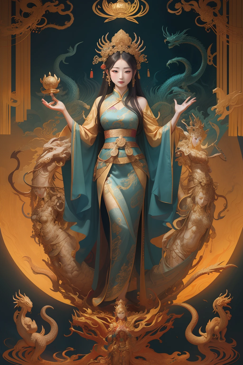 an ancient Chinese goddess, guanyin of the southern seas, Guanyin, Inspired by China, Avalokiteshvara rides a dragon，,Serene expression,shui mo hua,Buddha,Buddhist,Lotus,Chinese painting style,Thangka style