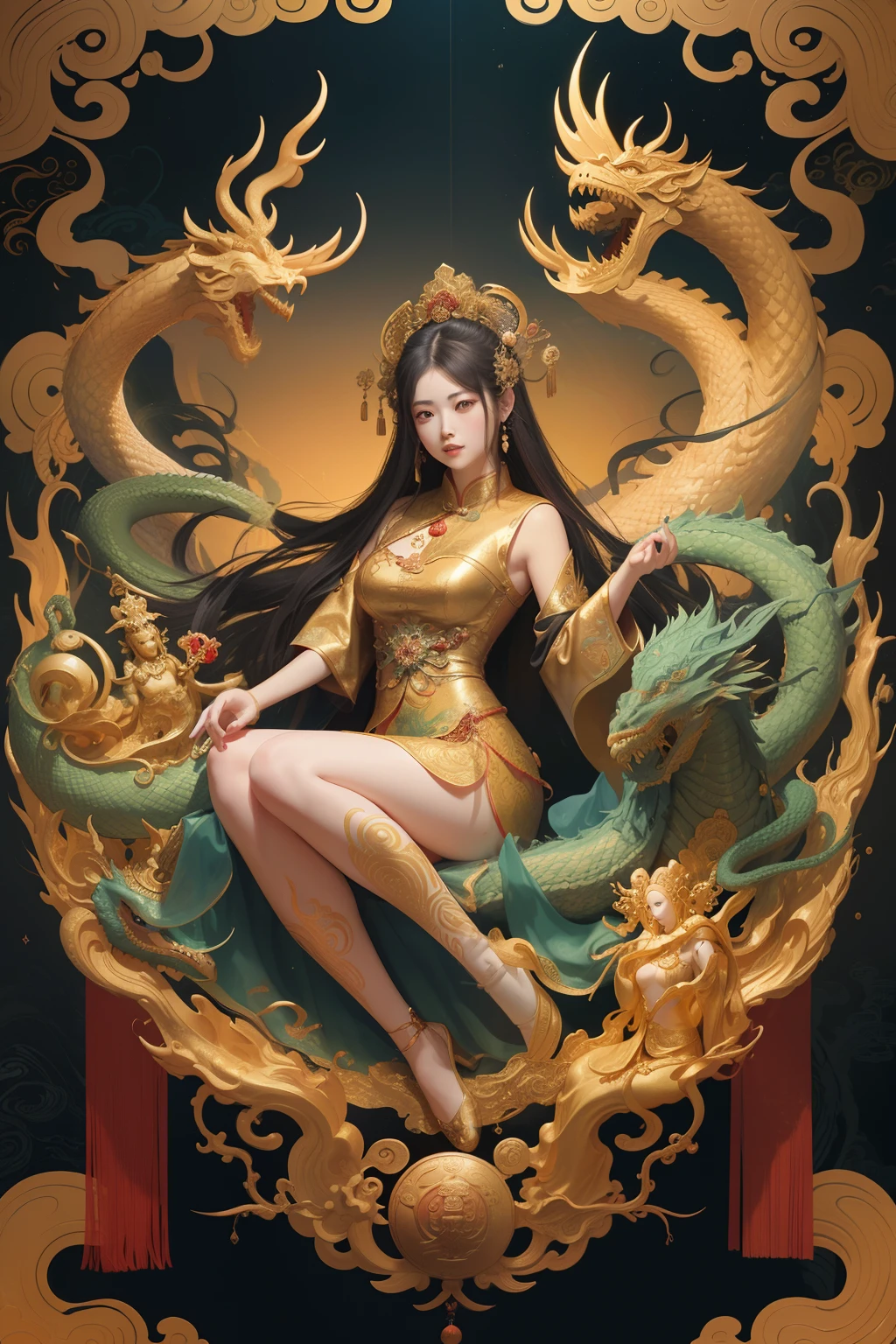 an ancient Chinese goddess, guanyin of the southern seas, Guanyin, Inspired by China, Avalokiteshvara rides a dragon,,Serene expression,shui mo hua,Buddha,Buddhist,Lotus,Chinese painting style,Thangka style
