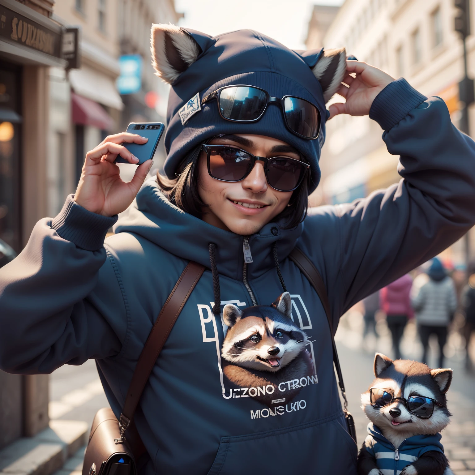stuffed raccoon Rocky Racon, moletom liso azul, usando o capuz do moletom, with cell phone on hand, Ultra realista, olhando de frete, sozinho, of sunglasses, amigavel, standingn, sorrindo, Feliz 4K