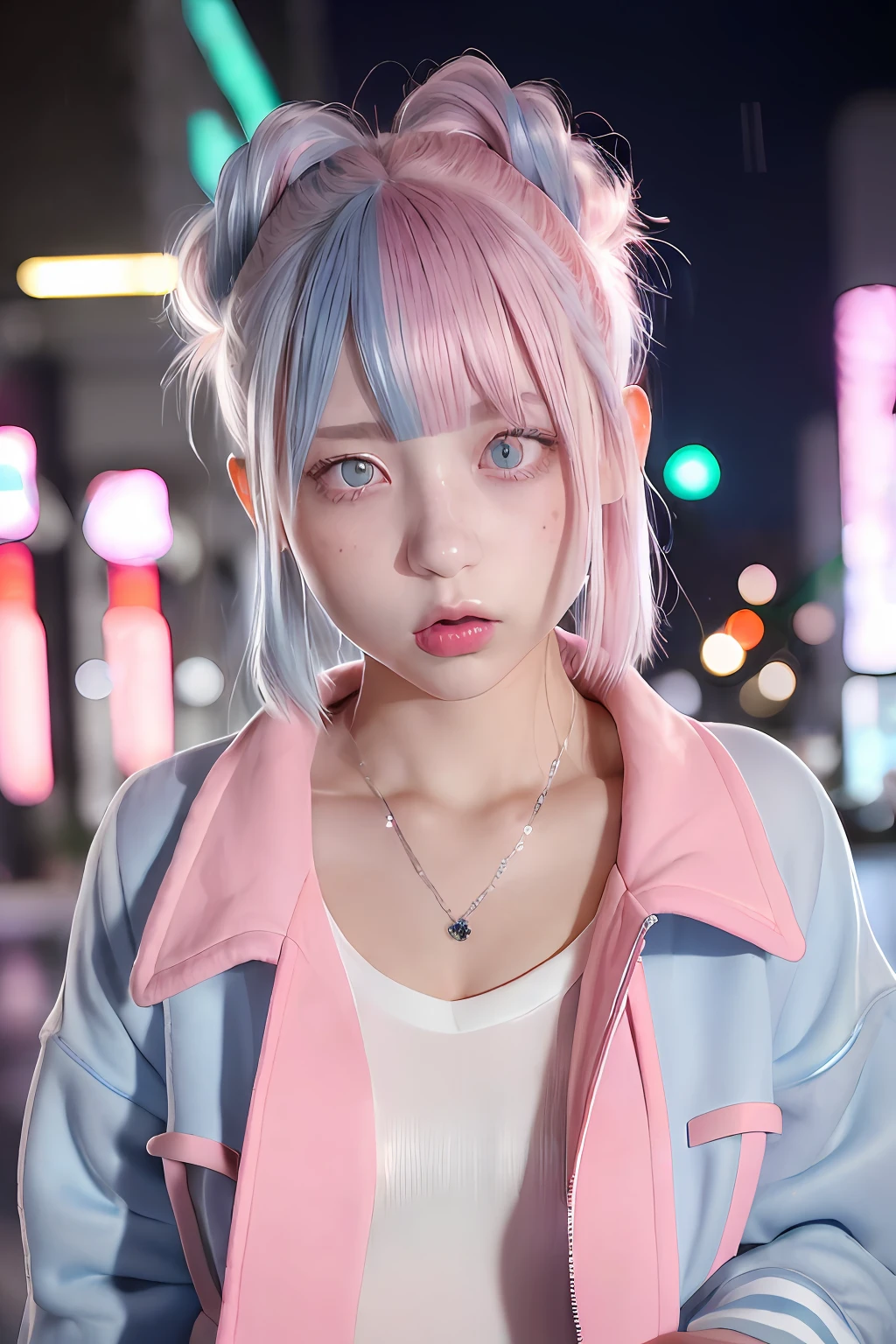 Light blue and silver and pink hair、Photorealsitic, hight resolution, Heterochromia eyes, small moles under eyes、bob cuts、Blunt bangs、Lucy\(cyberpunked\), 1girl in, hair scrunchie, hime-cut, silber hair, Color Chip, fullmoon, grey  eyes, jaket, long-sleeve, (Look at viewers), Medium Hair, O cabelo multicolorido, Bangs parting, cparted lips, A pink-haired, Red Eyeliner, red-lips, 独奏, White jacket, cyberpunked\(Series\), Rainy night in cyberpunk city with glowing neon lights,frombelow, yes、all-fours、Huza