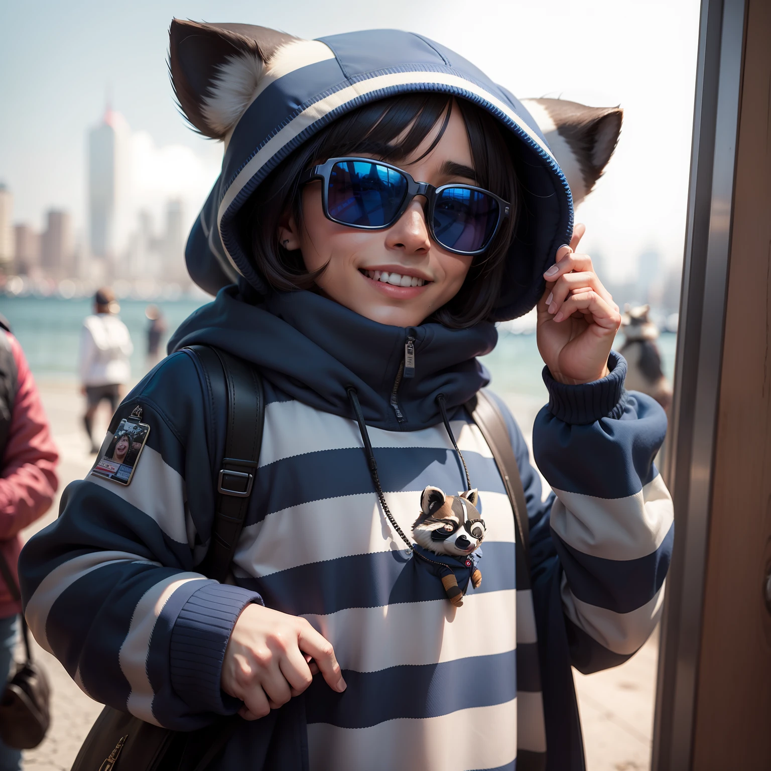 stuffed raccoon Rocky Racon, moletom liso azul, usando o capuz do moletom, with cell phone on hand, Ultra realista, olhando de frete, sozinho, of sunglasses, amigavel, standingn, sorrindo, Feliz 4K