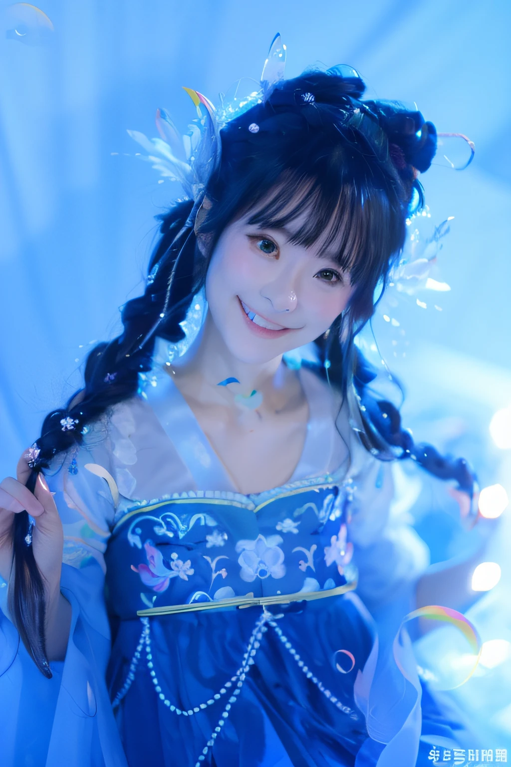 Arapei girl in blue dress on blue background, Hanfu, smiling as a queen of fairies, Palace ， A girl in Hanfu, shaxi, chiho, Loli, Also, sakimichan, White Hanfu, belle delphine, 8K)), shikamimi, Middle metaverse