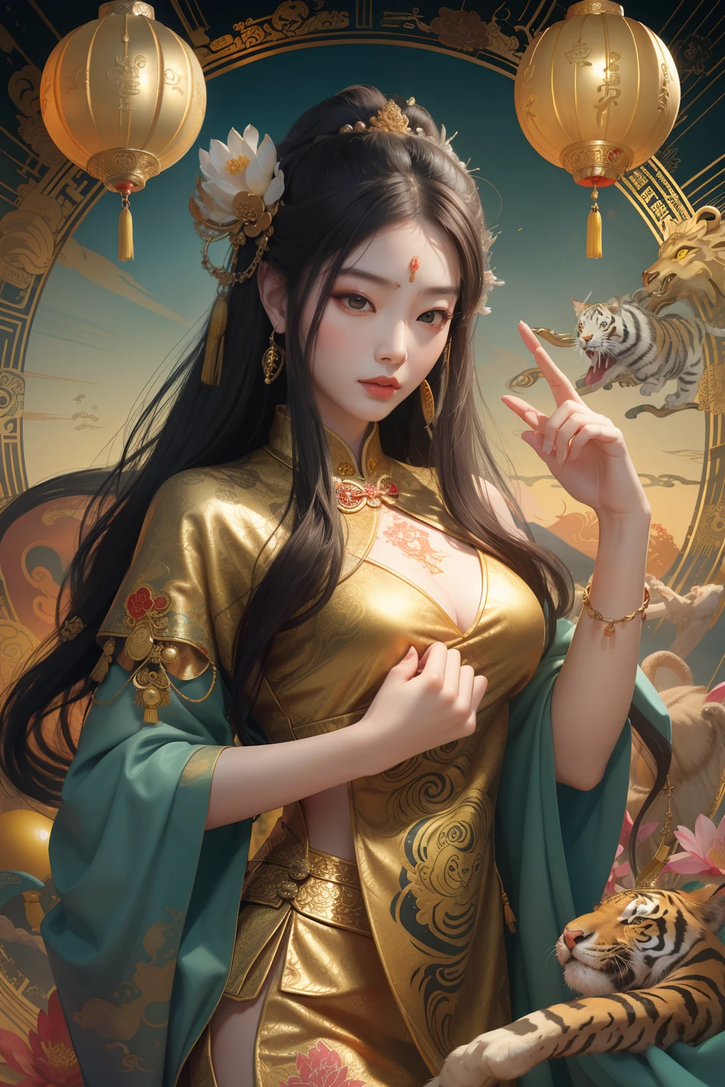 an ancient Chinese goddess, guanyin of the southern seas, Guanyin, Inspired by China, Avalokiteshvara rides a tiger,,Serene expression,shui mo hua,Buddha,Buddhist,Lotus,Chinese painting style,Thangka style