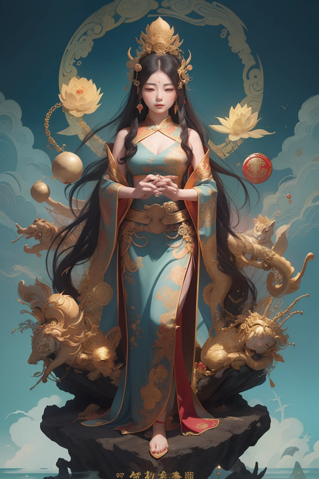 an ancient Chinese goddess, guanyin of the southern seas, Guanyin, Inspired by China, Avalokiteshvara rides a tiger,,Serene expression,shui mo hua,Buddha,Buddhist,Lotus,Chinese painting style,Thangka style