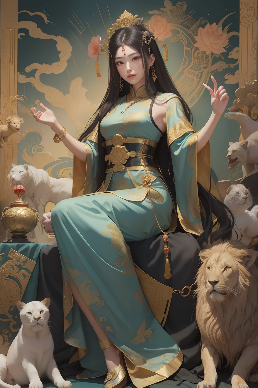 an ancient Chinese goddess, guanyin of the southern seas, Guanyin, Inspired by China, Avalokiteshvara rides a lion,,Serene expression,shui mo hua,Buddha,Buddhist,Lotus,Chinese painting style,Thangka style